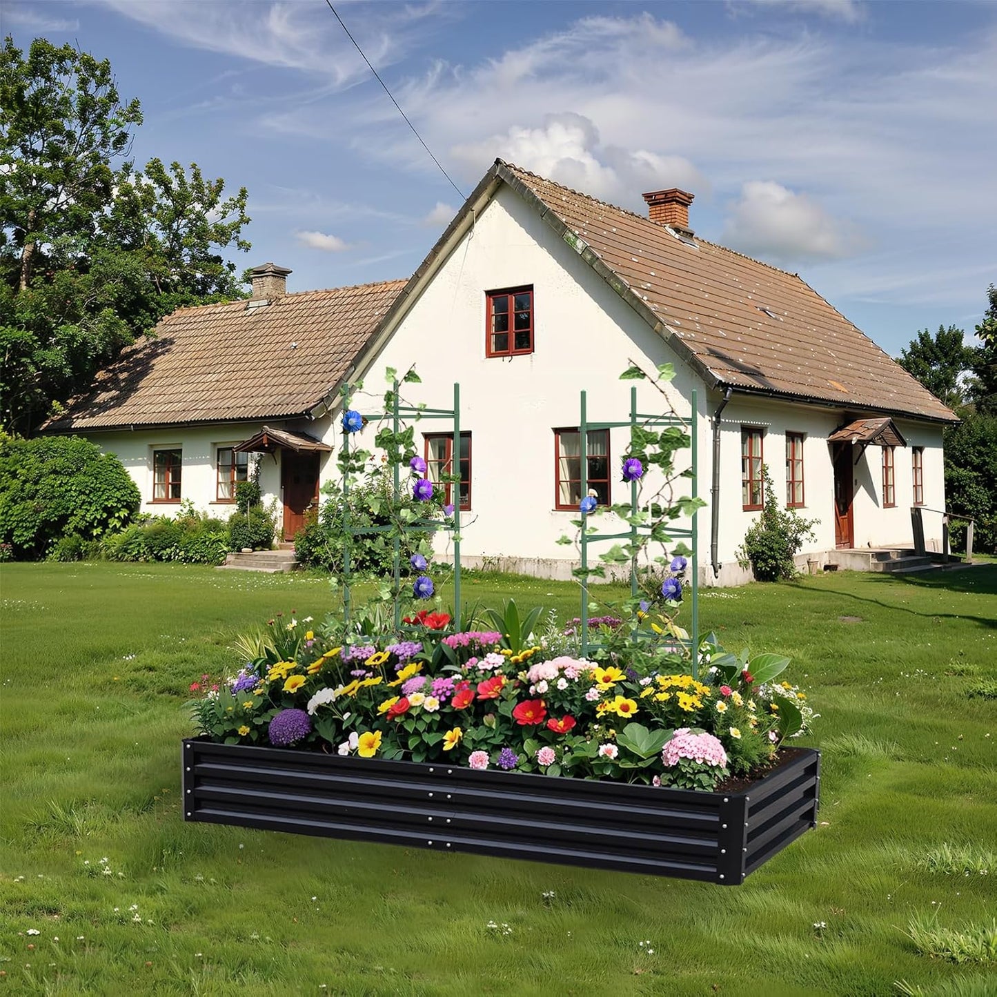 Metal Raised Garden Bed 8x4x1Ft Outdoor Large Metal Galvanized Planter Boxes Kit for Vegetables, Flowers, and Herbs,Garden Beds with 2Pcs Tomato Cage 1Pc Gloves,Black