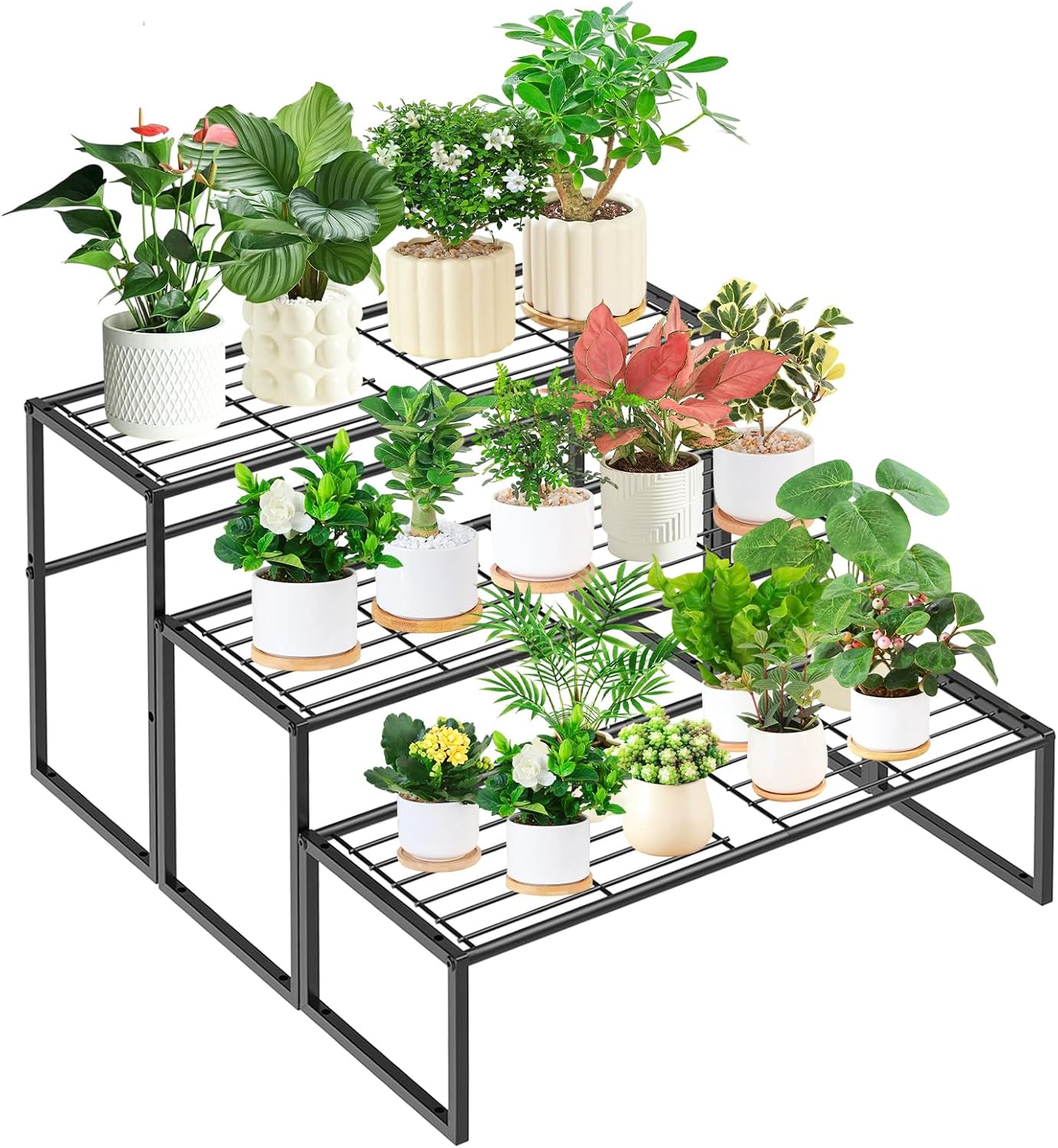 3 Tier Metal Plant Stand Indoor Outdoor, Potted Multiple Flower Pot Holder Rack Plant Shelf, Heavy Duty Planter Display Shelving for Patio Balcony Garden Living Room Decorative (3 Tier- Black)
