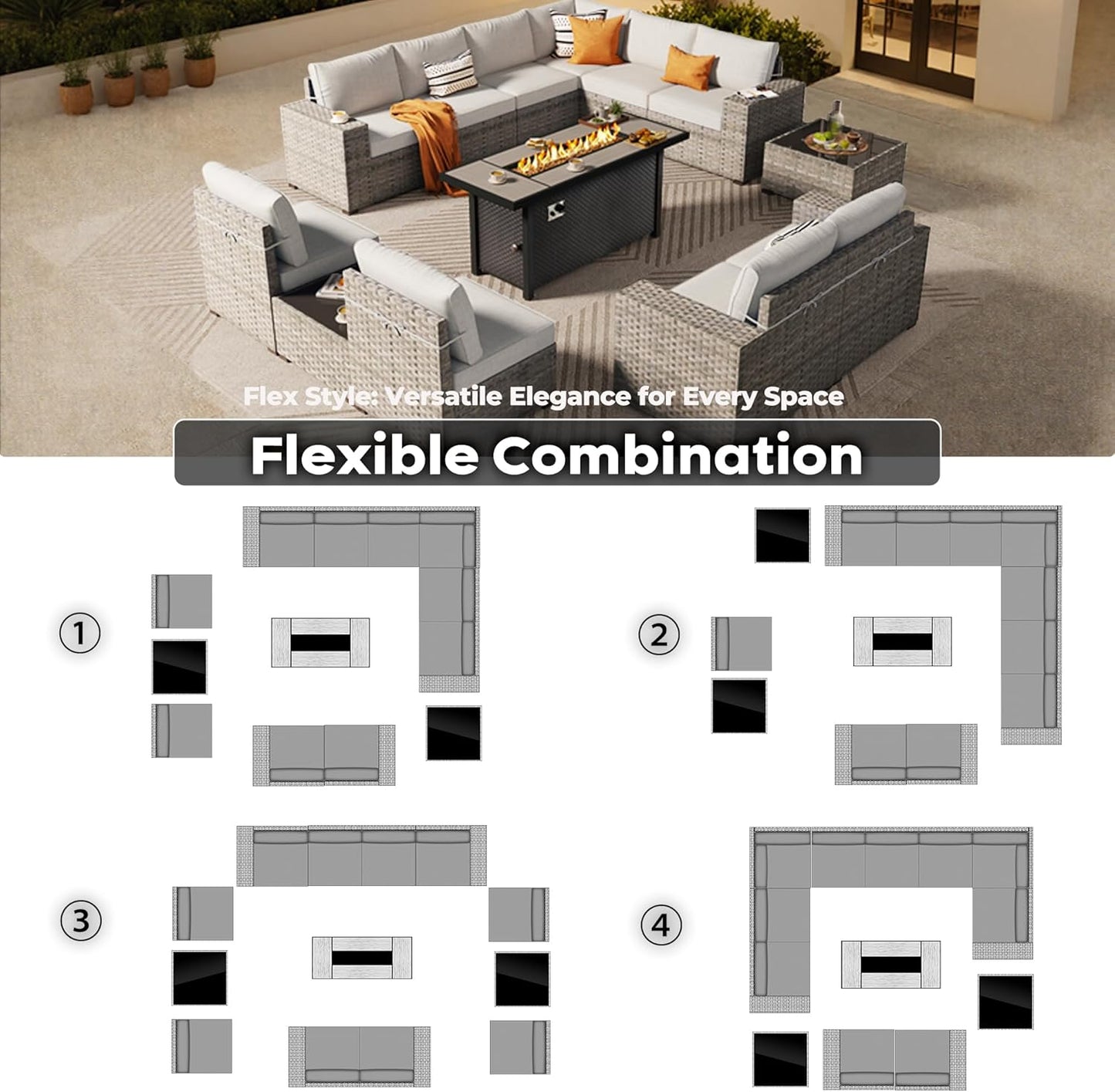 ovios 13 Pieces Patio Furniture Set, Outdoor Wicker Sectional Sofa with 54 Inch Fire Pit Table Comfy Cushions, Modern Modular Deep Seat Rattan Couch Conversation Set, Beige