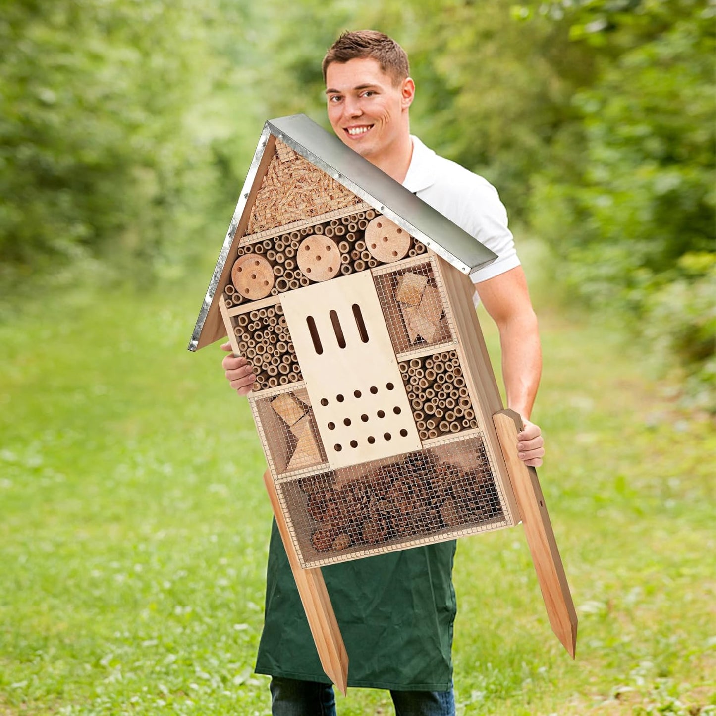 antiai Extra Large Wooden Insect House with Stakes,Wood Mason Bee Butterfly House,Insect Hotel,an Outdoor Bamboo Habitat for Ladybugs Live,Bee Box,Butterfly Habitat for Garden and Yard,30" H x15 W