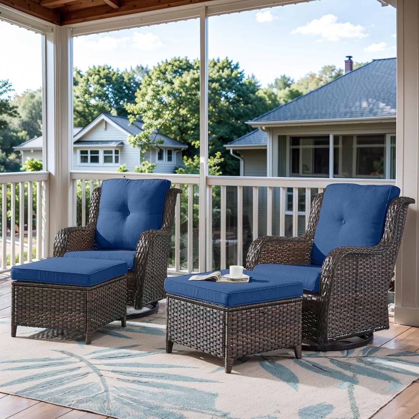 4 Pieces Patio Furniture Sets, Wicker Patio Swivel Glider Chair with Ottomans, Outdoor Furniture Set for Outside Porch, Deck, Balcony, Garden