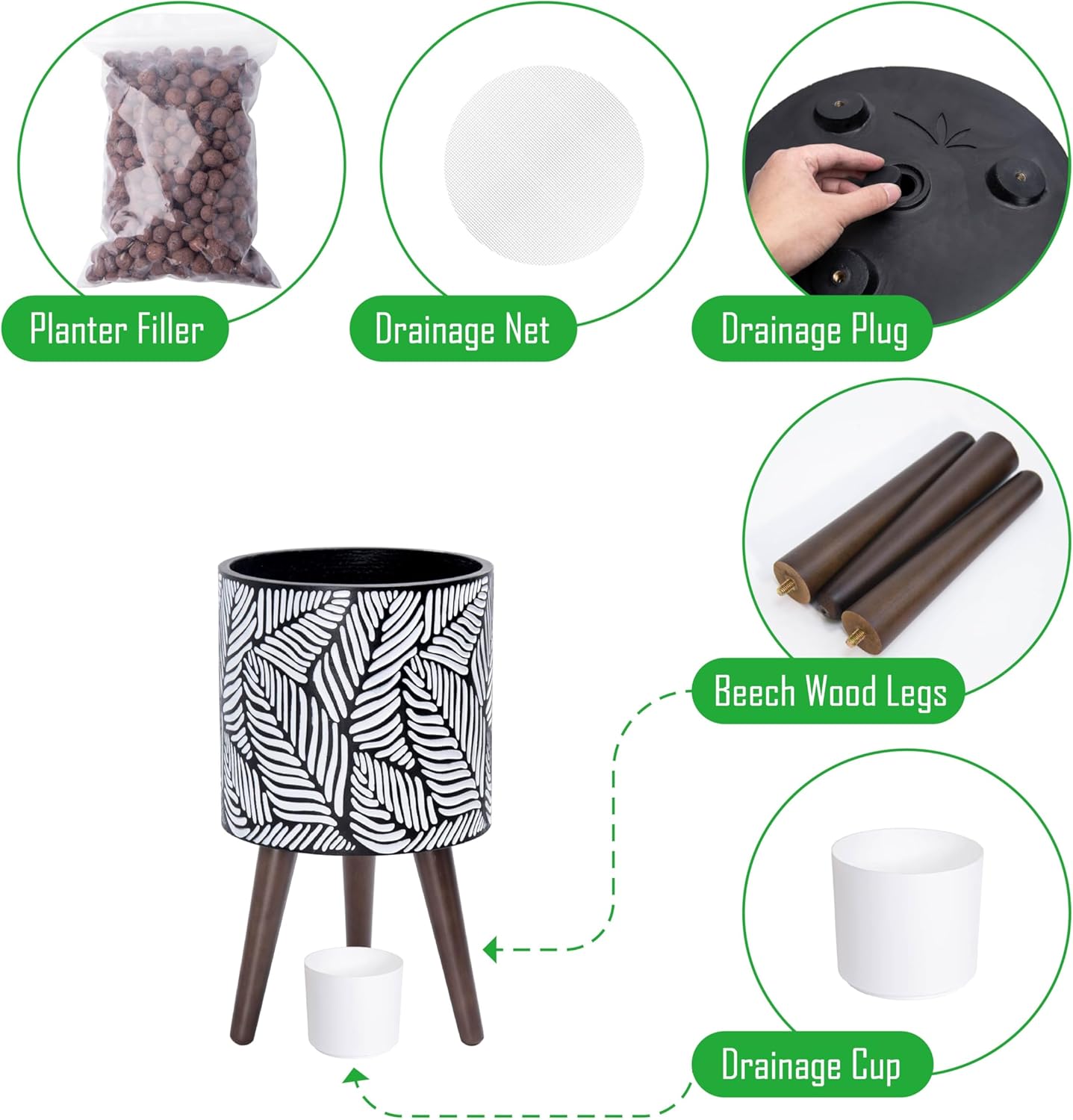 D'vine Dev 10 Inch Planter Pot with Stand, Mid-Century Tall Plant Pot with Legs for Indoor Plants, Medium, White/Grey, 88-L-B-7