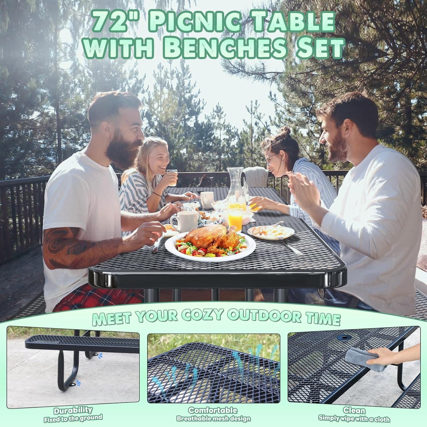 Heavy-Duty Park Bench or Table for Outside - Black Coated Outdoor Furniture Steel Bench, Commercial-Grade Outdoor Benches Weatherproof for Park, Patio, Porch (Black, 6FT (Rect. Table))