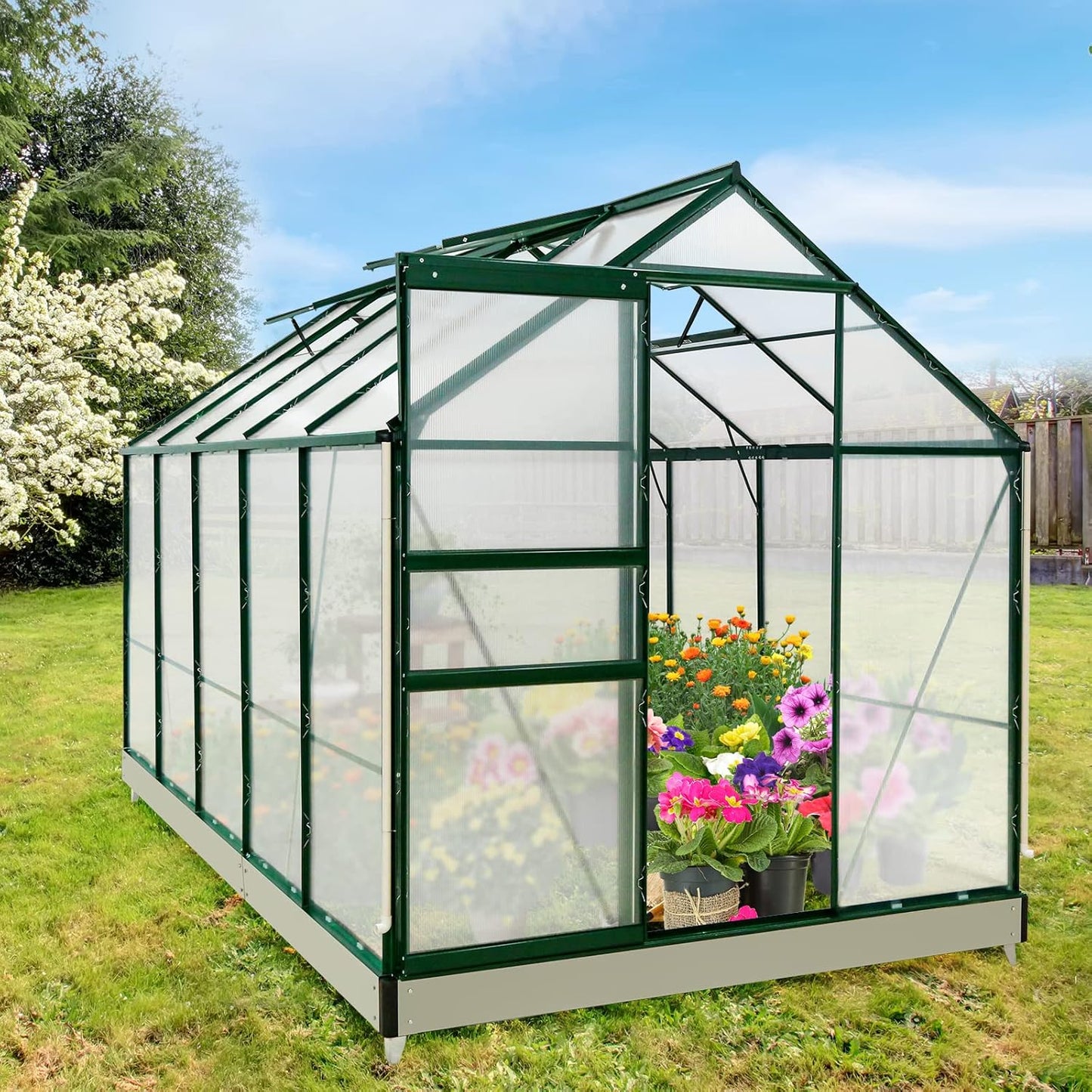 EAGLE PEAK 10x6x7 Outdoor Walk-in Hobby Greenhouse with Adjustable Roof Vent and Rain Gutter, Base and Anchor, Polycarbonate Aluminum Green House for Backyard Garden, Dark Green