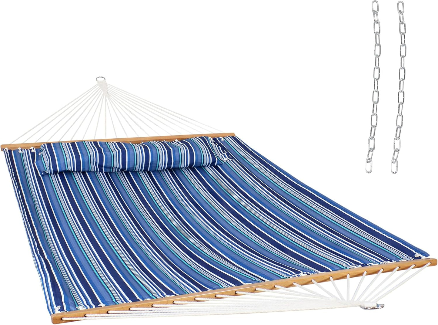 Sunnydaze Quilted Outdoor Hammock with Spreader Bars - Heavy-Duty 450-Pound Capacity Double Hammock for Outside - Breakwater Stripe