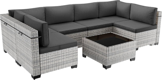 7-Piece Patio Furniture Set, Outdoor Sectional with Thick Cushions, Modular Patio Sofa, Dual-Strand Wicker Rattan, Rust-Resistant Frame, Backyard Furniture for Garden, Deck, Dark Black