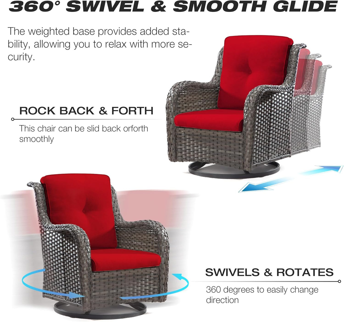 Joyside Outdoor Swivel Rocker Patio Chair - Outdoor Wicker Glider Rocking Chair with Olefin Fabric Cushions Suitable for Porch Deck and Backyard(Mixed Grey/Red)