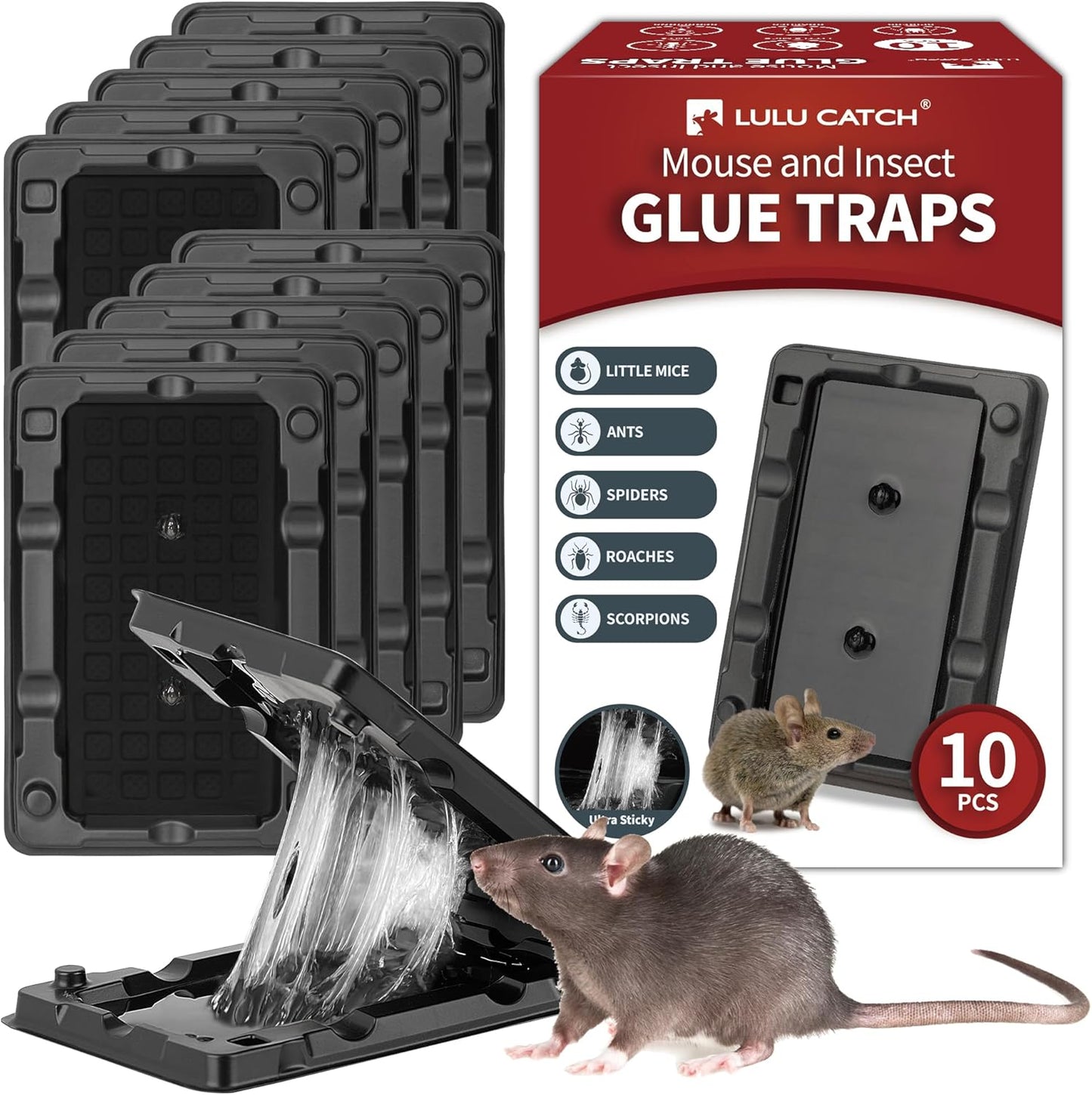 LULUCATCH Mouse & Insect Glue Traps, 10 Pack Pre-Scented Sticky Mouse Traps Indoor for Home, Non-Toxic Glue Boards for Mice, Cricket, Roach, Lizard, Bug, Pet Safe for House & Garage