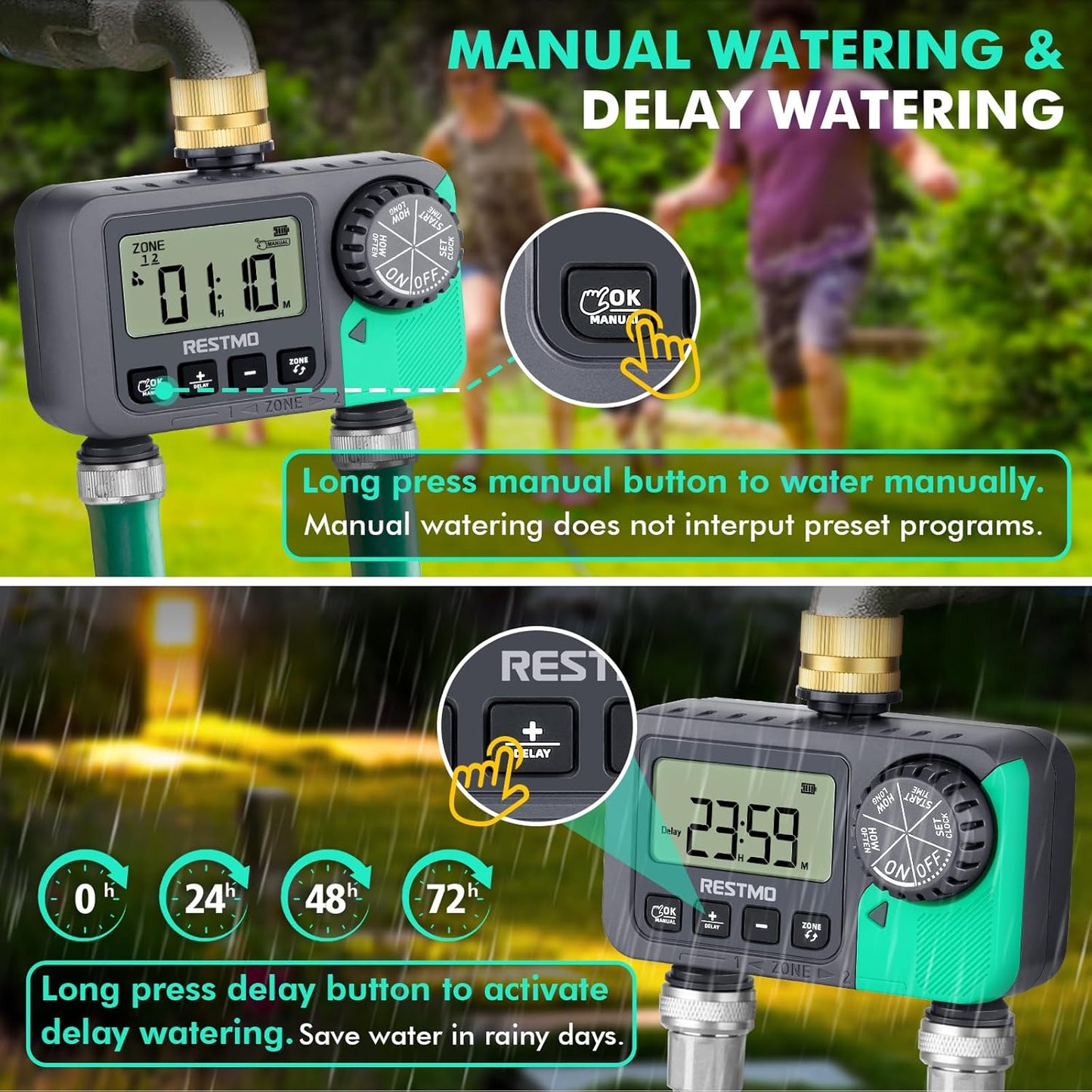 RESTMO Water Timer for Garden Hose, Sprinkler Timer with Brass Inlet, Automatic Digital Control | Manual ON/Off | Rain Delay, for Outdoor Faucet, Drip Irrigation and Lawn, 2 Outlet