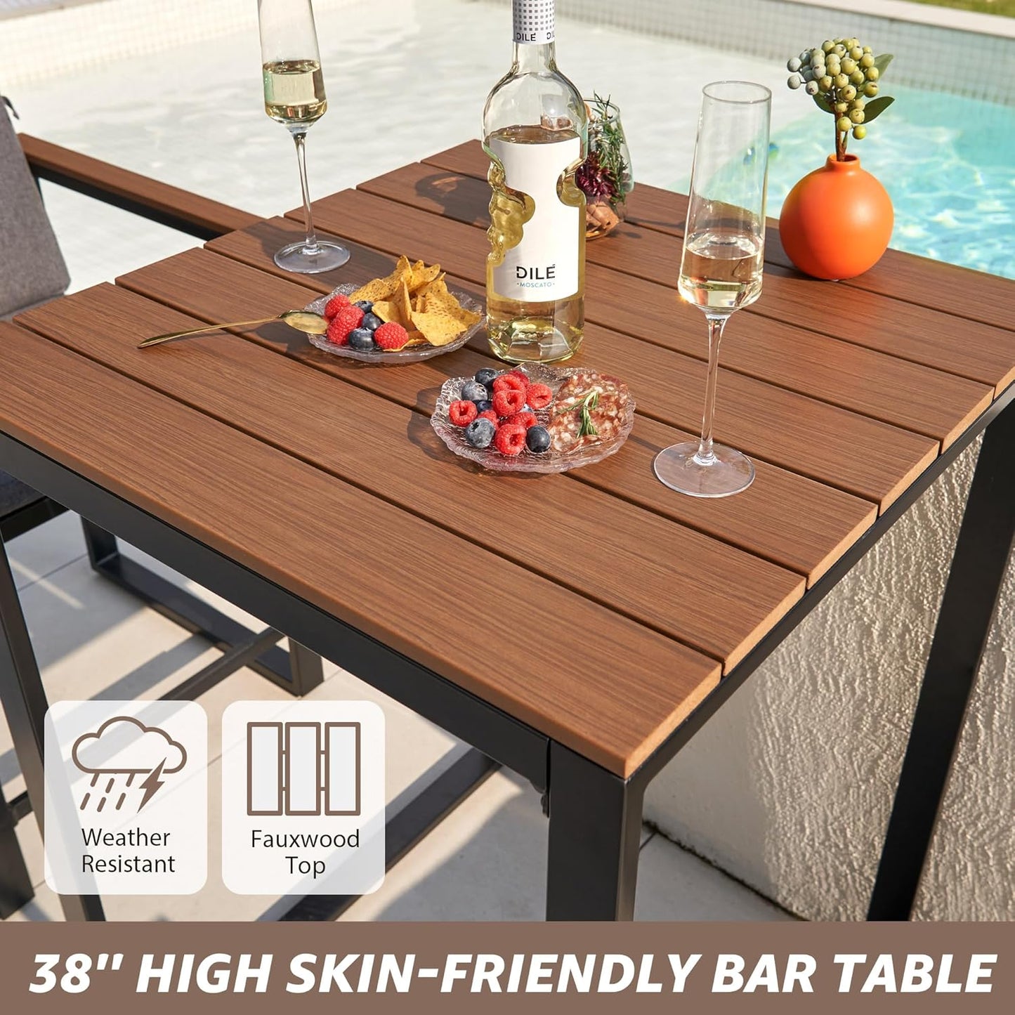 NATURAL EXPRESSIONS 3-Piece Bar Table and Chairs Set, Outdoor Bar Set with Fauxwood Armrest, Water-Resistant and Removable Cushion, All Weather Bar Height Patio Table and Chairs for Backyard, Home