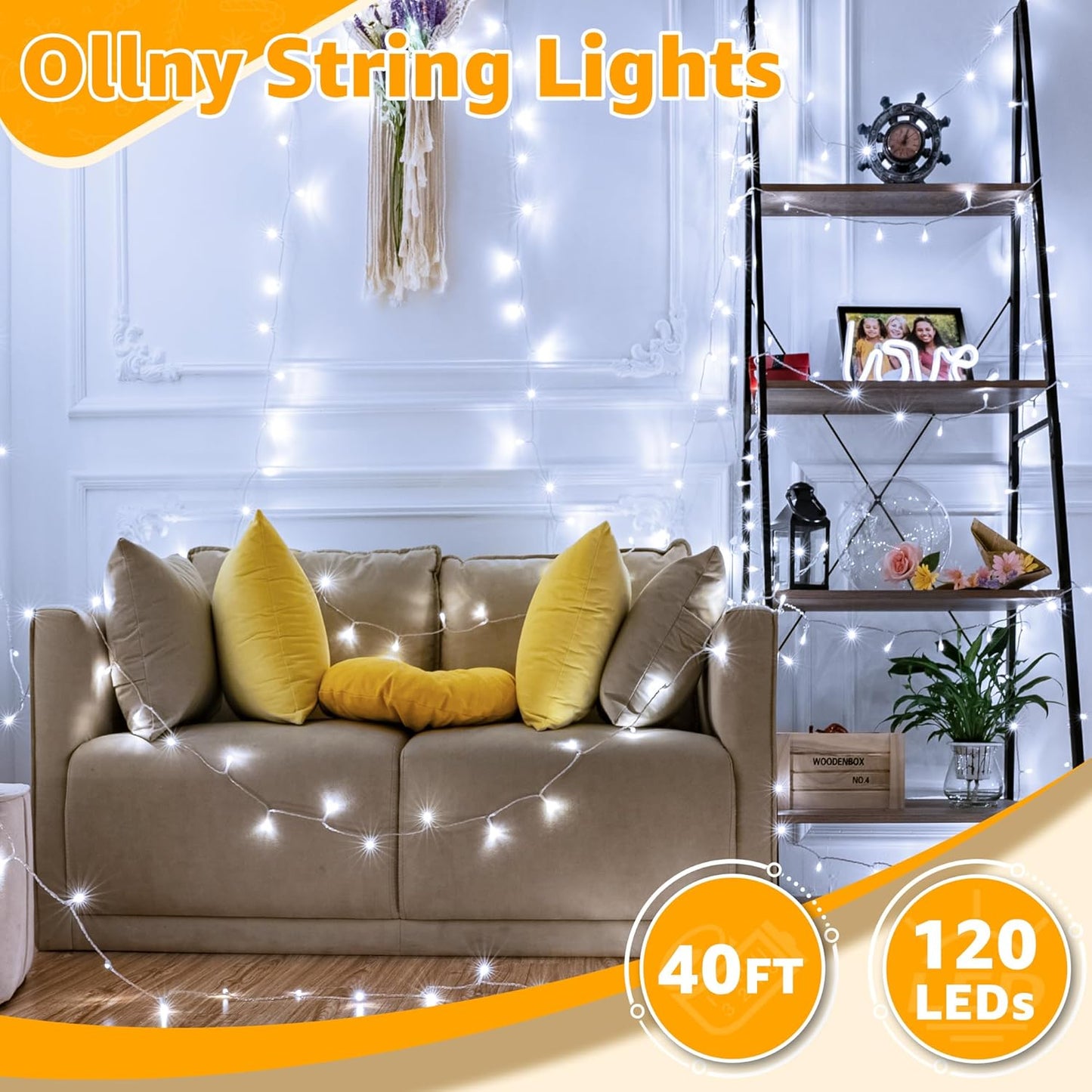 Ollny 120LED 40FT String Lights, Waterproof Connectable Fairy Lights with Timer 8 Modes, Cool White Plug in Christmas Light for Indoor Outdoor Patio Party Bedroom Classroom Decor