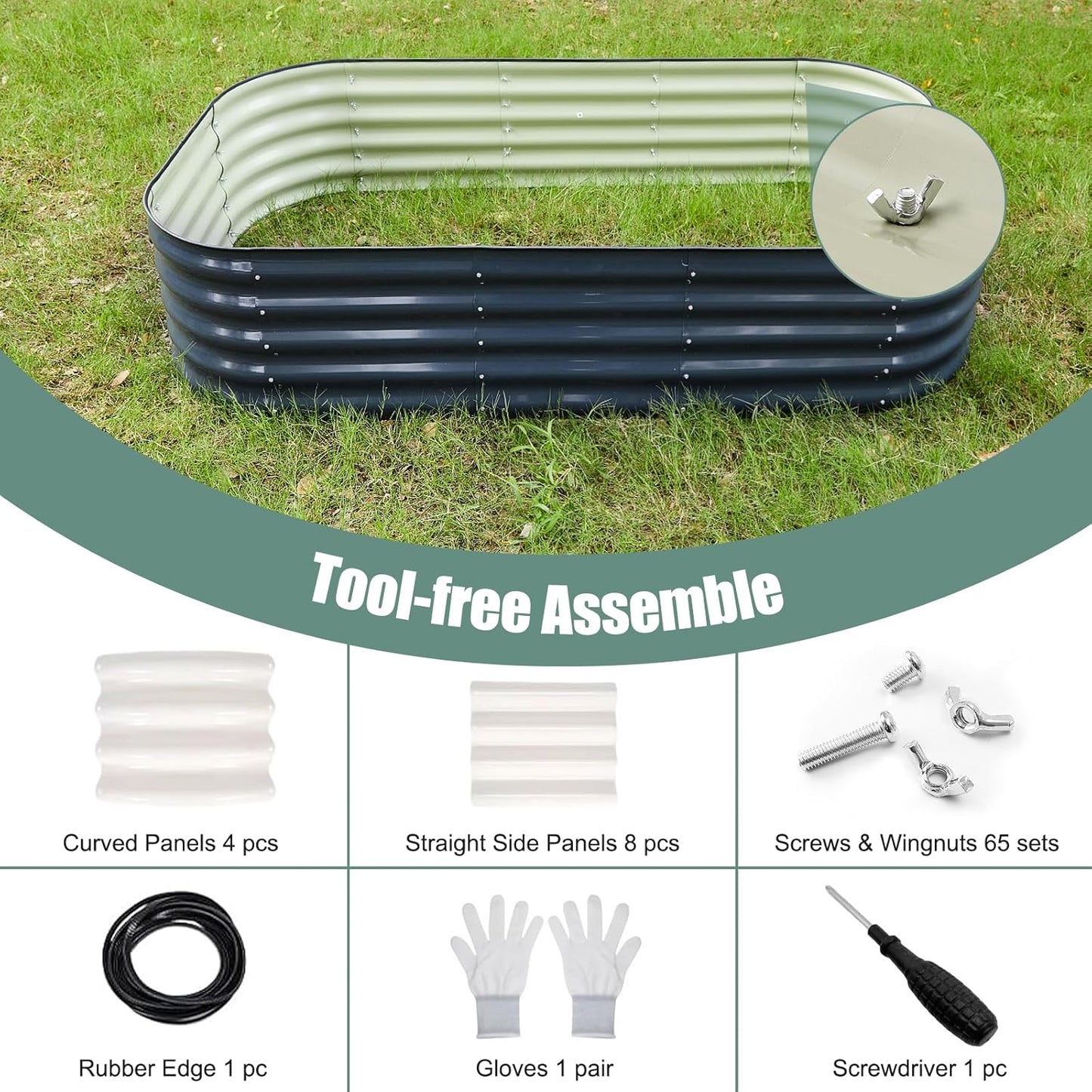 2Pcs Galvanized Steel Raised Garden Bed 8x2ft Oval - 17" Tall 9-in-1 Modular Planter Box for Vegetables/Flowers, Rust-Proof Metal Outdoor Planters Rubber Edging (Grey)