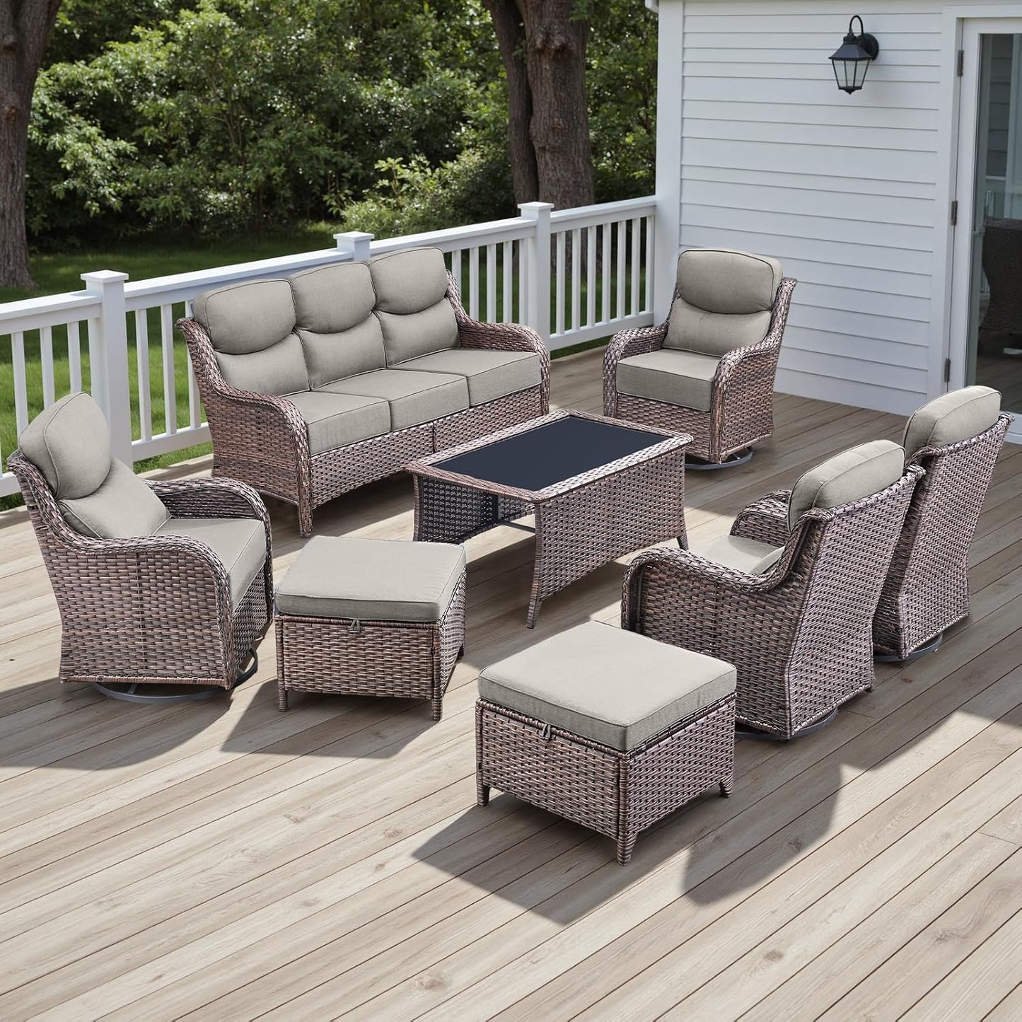 Wicker Outdoor Patio Furniture Set - 8 Piece Patio Conversation Sets with Swivel Rocker Chairs, Ottomans, Sofa and Coffee Table, 6 inch Cushions, Deep Seating, for Porch Deck Brown/Beige