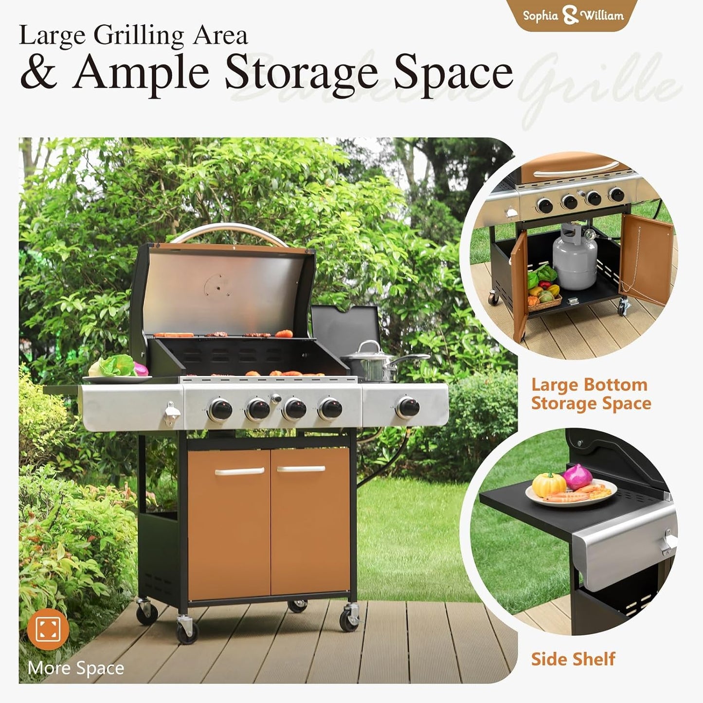 Sophia & William 4-Burner Gas BBQ Grill with Side Burner and Porcelain-Enameled Cast Iron Grates, 42,000BTU Propane Grills Outdoor Cooking Barbecue Grill Cabinet Style, Golden