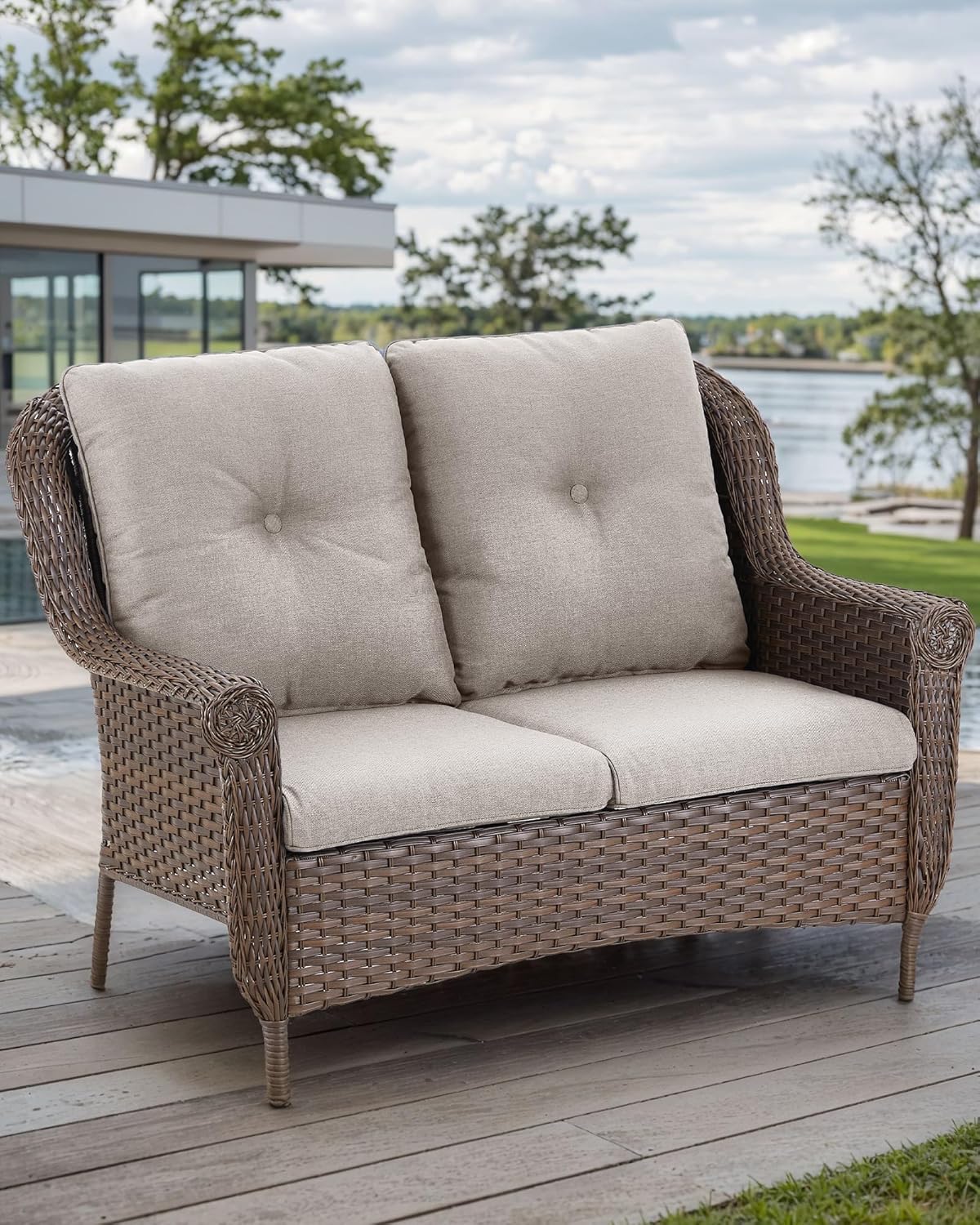 Patio Loveseat Outdoor Wicker Sofa - Heavy Duty All-Weather Brown Rattan 2-Person Sofas with High Back and Comfortable Thick Cushions for Garden Back Porch Poolside Apartment - Beige