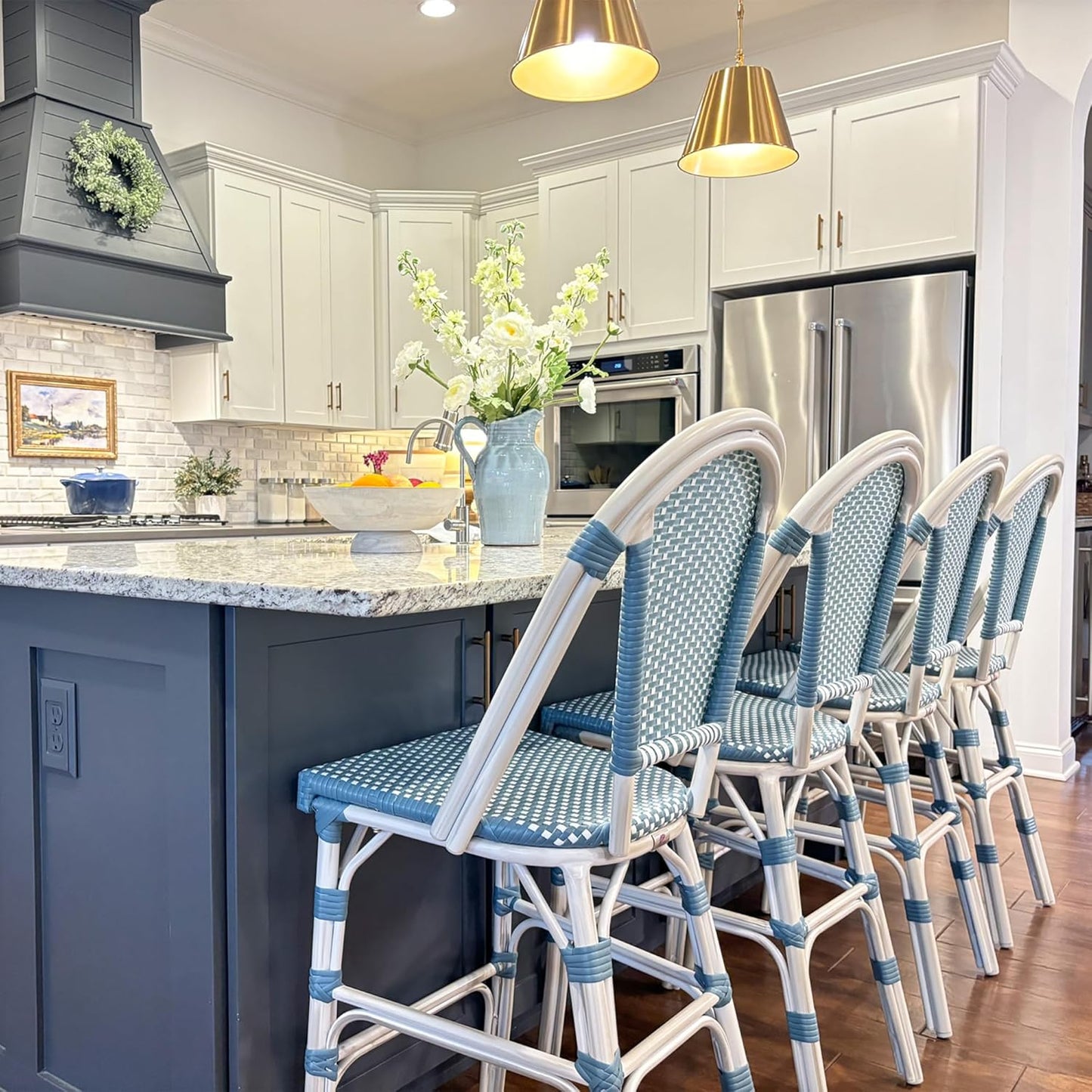 PURPLE LEAF French Bar Stool Set of 2 White Print Finish Patio Bar Stools with Back Rattan Chairs Wicker Bar Height Stool 30" with Footrest Kitchen Island Stools Outdoor Barstool Light Blue