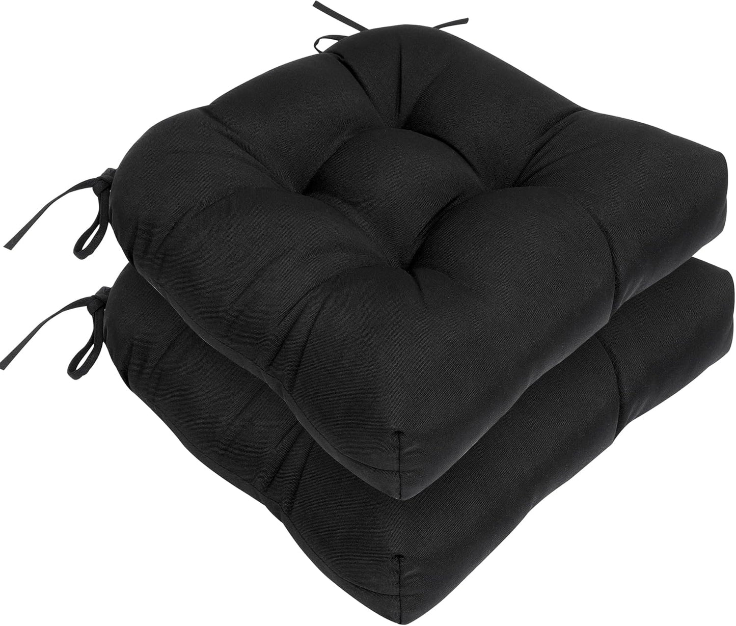 RACE LEAF Outdoor Cushions 19" x 19" Patio Chair Seat Pads, Set of 2 Thick Fill Tufted Square Patio Cushions, Water-Resistant Olefin Chair Seat Cushion with Ties for Non-Slip Support, Black