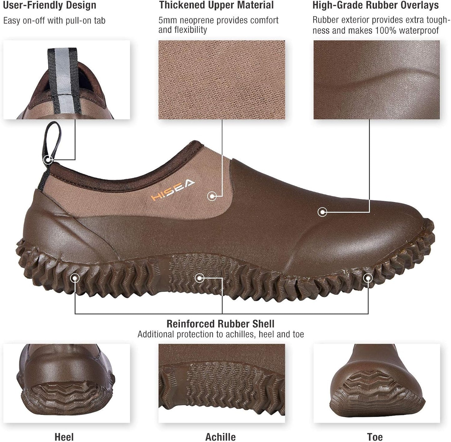 HISEA Unisex Waterproof Garden Shoes, Men's Rubber Rain Boots Women's Ankle Rain Shoes Neoprene Camp Booties Outdoor Slip-On Footwear for Gardening, Farming, Camping, Car Wash, Lawn Care and Yard Work