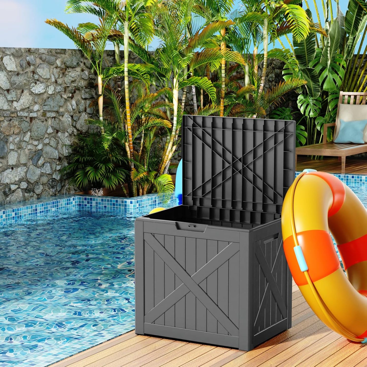 32 Gallon Outdoor Deck Box,Storage Lockable Waterproof Patio Furniture,Garden Tools,Cushions,Pool Accessories Outside Storage Resin Box(Black)