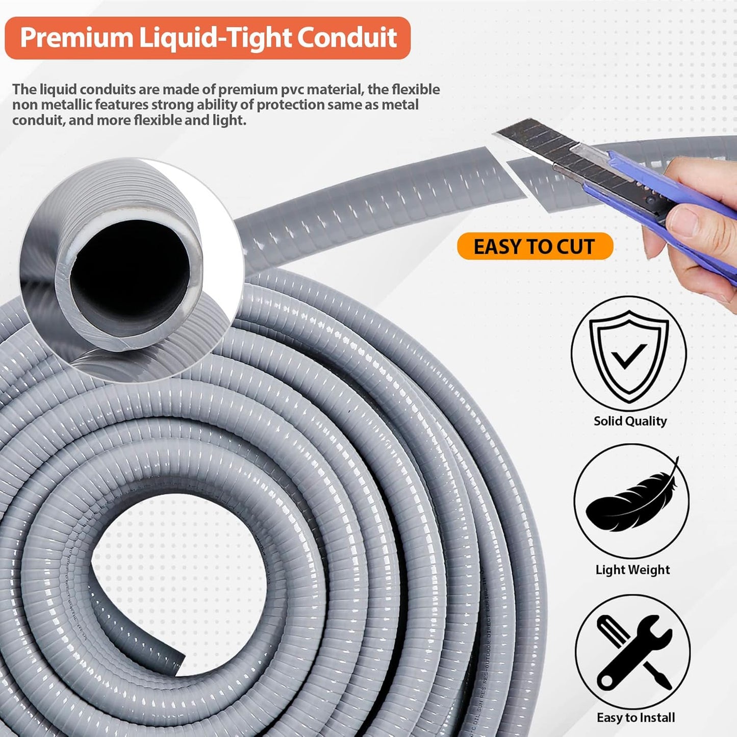 1/2" Liquid-Tight PVC Conduit Kit, 100ft with 10 Connectors, Grey, 5 Straight & 5 90-Degree Fittings, UL Certified, Flexible, Easy Installation, Multi-Application