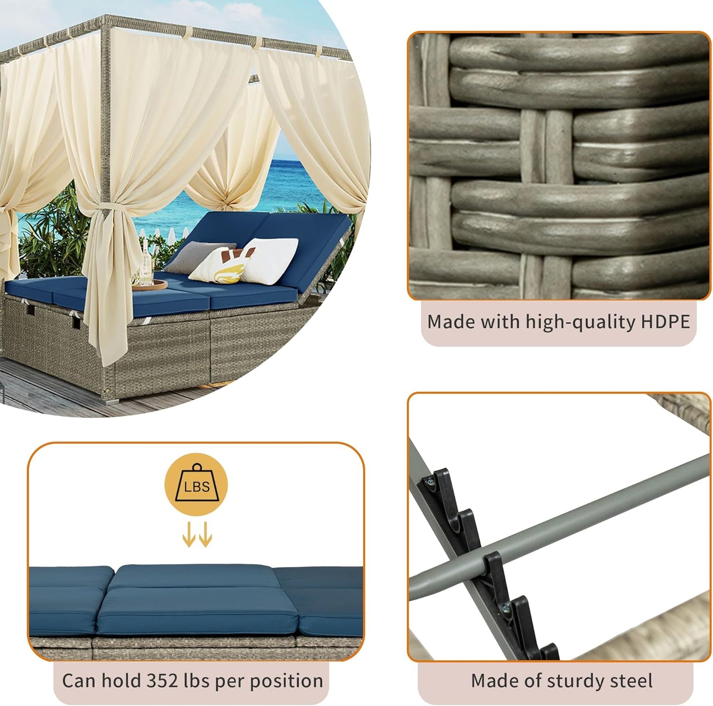 Patio Chaise Lounge,PE Rattan Outdoor Patio Wicker Adjustable Outdoor Sun Bed with Four-sided Canopy and Comfortable Blue Cushion – Versatile Use for Patio, Garden, and Poolside