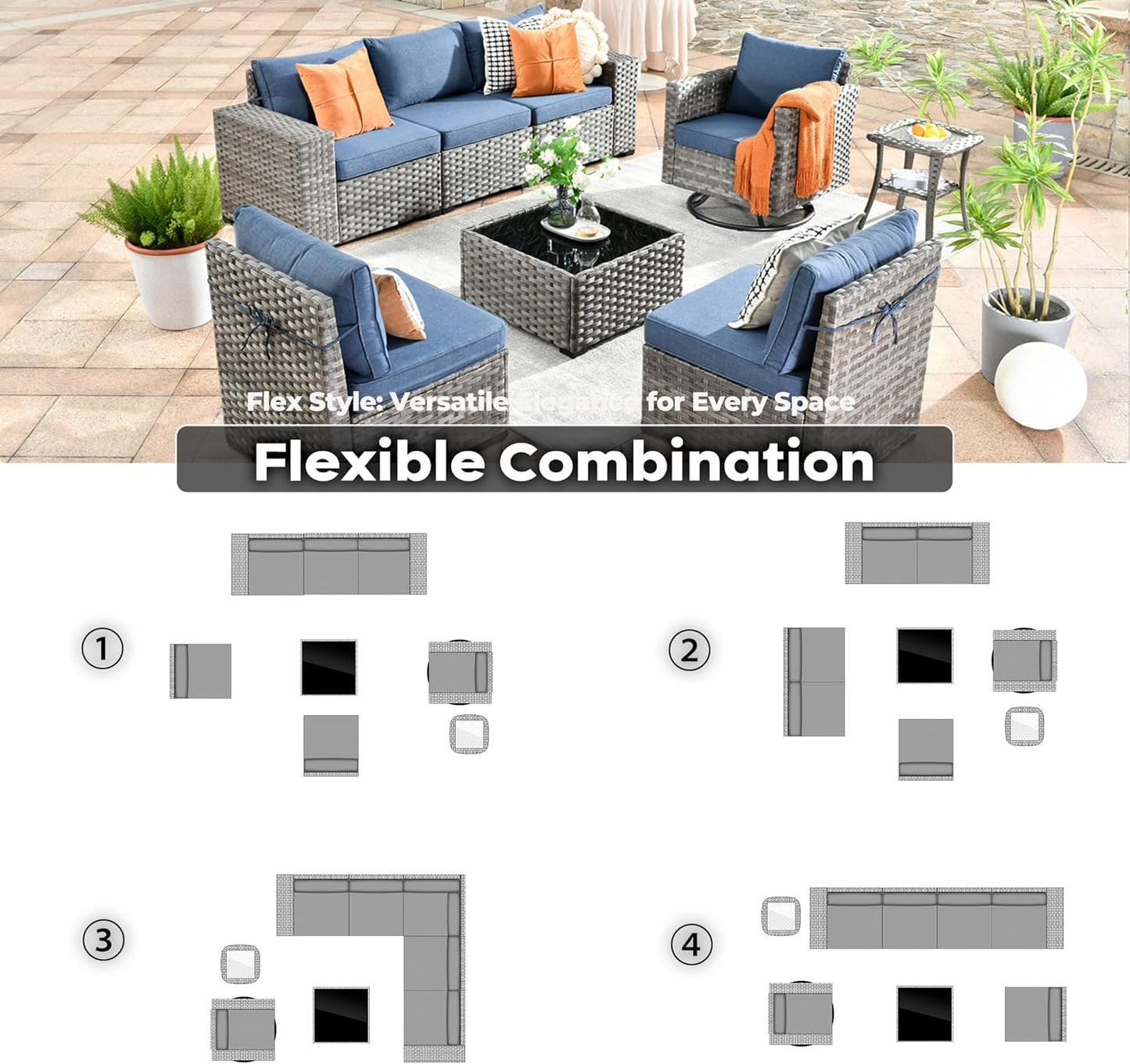 ovios 8 Pieces Patio Furniture Set, Outdoor Wicker Sectional Sofa with Swivel Chair Coffee Table, Modern Modular Deep Seat Rattan Couch Conversation Sets, Denim Blue