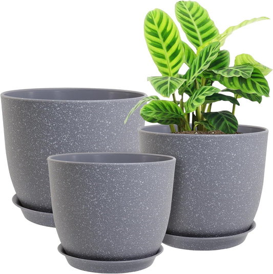 Modern Plant Pots Set, 9/8/7.5 inch Plastic Planters for Indoor Plants, Stylish Flower Pots with Drainage Holes and Saucers for House Plants and Flowers, Grey Speckles