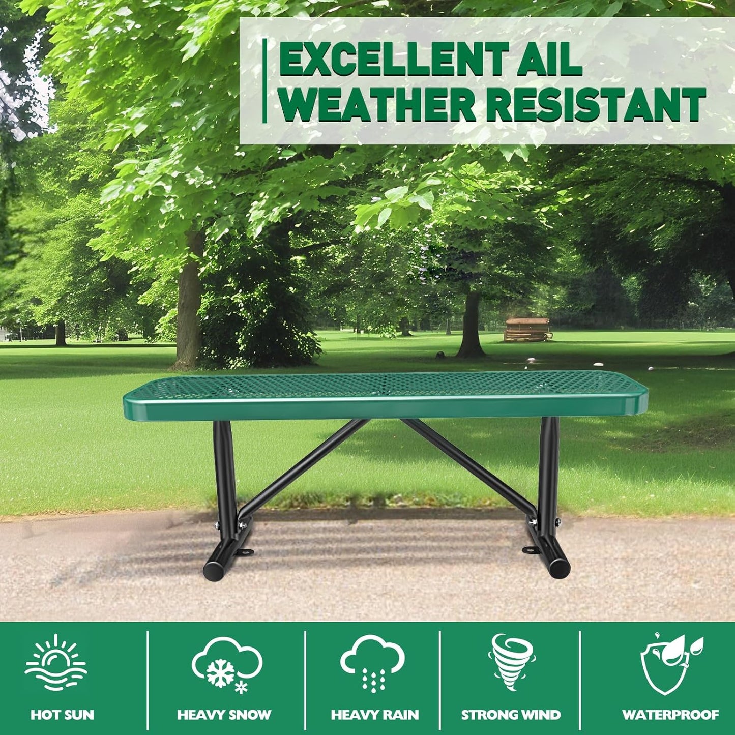 Heavy-Duty Park Bench or Table for Outside - Black Coated Outdoor Furniture Steel Bench, Commercial-Grade Outdoor Benches Weatherproof for Park, Patio, Porch (Green, 4FT (Without Backrest))
