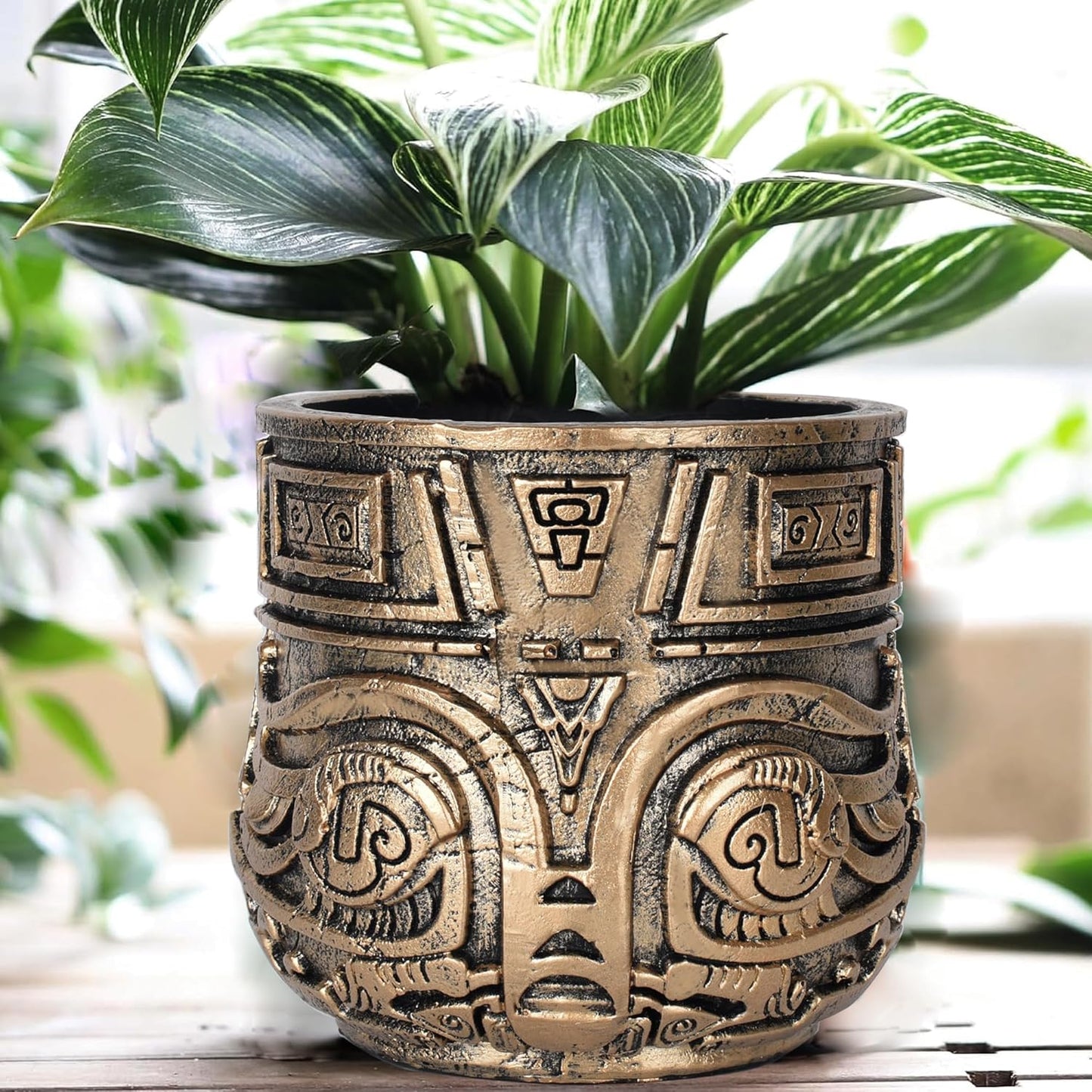 Tribal Vintage Face Planter,Lightweight Unique Plant Pots with Drainage,Eclectic Small Succulent Flower Planters Pots for Outdoor&Indoor Plants,Funny Garden Pot for Room Decor(5.5in,Gold)