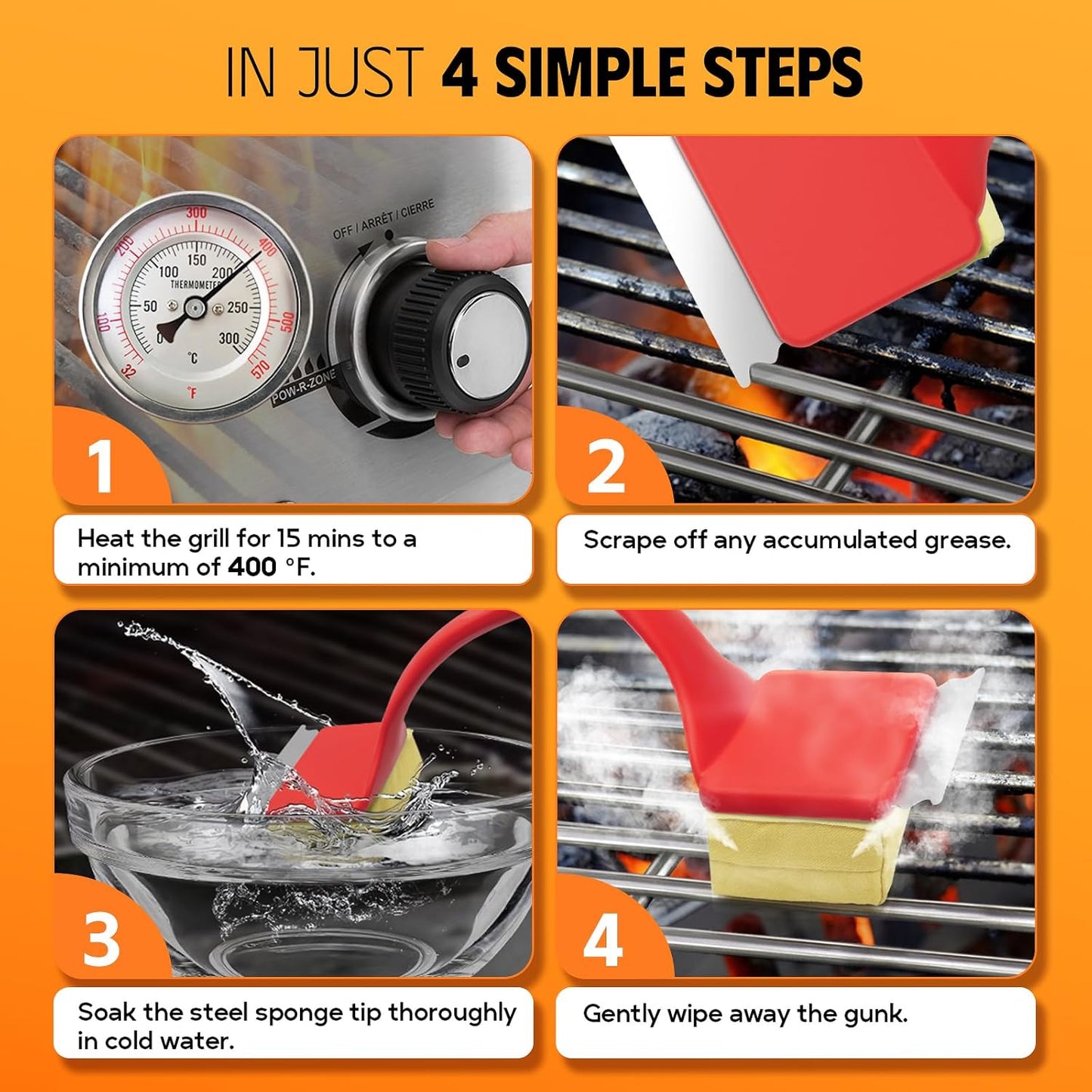 MEKER Grill Brush Bristle Free, Grill Cleaner Brush with 3 BBQ Replacement Head, Seamless Scraper Tool for Cast Iron, Stainless Steel Grates, Safe Grill Scraper Outdoor BBQ Grill, Red