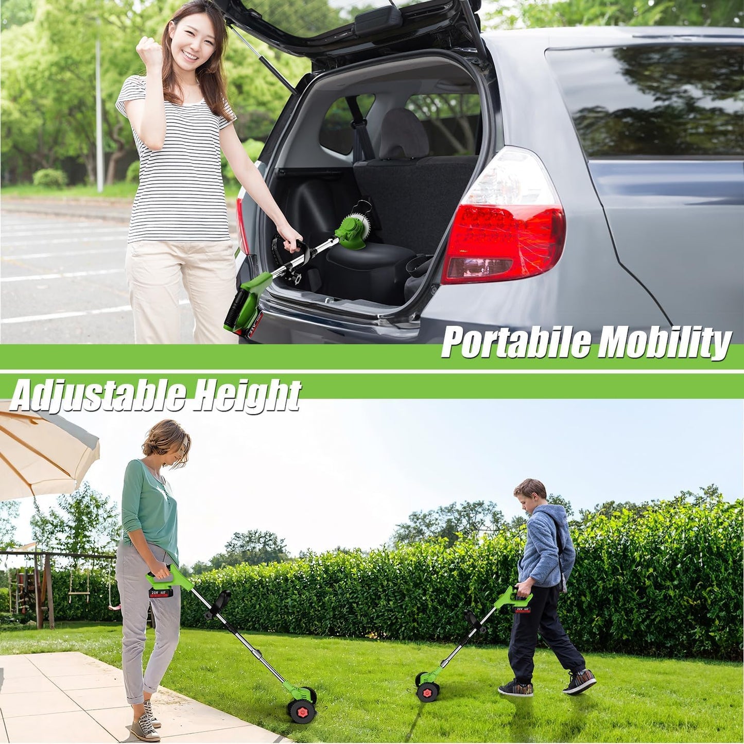 21V Electric Weed Wacker Eater Battery Powered, Cordless Weed Trimmer with 2 Battery Operated & Wheels, 3 in 1 Lightweight Grass Trimmer/Edger/Brush Cutter for Garden Yard Lawn