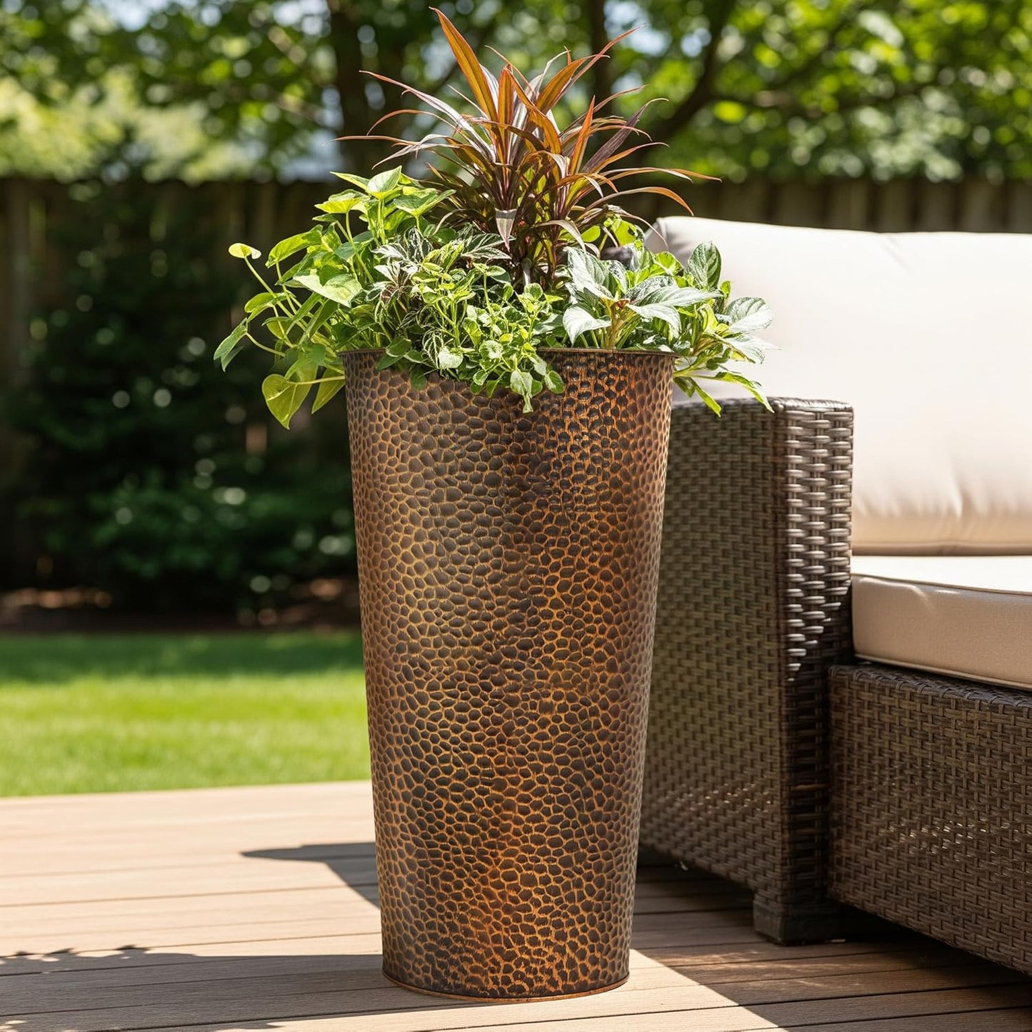 Worth Garden 2-Pack 25" H. Metal Planter with 2X Inside Pots - Hand-Hammered Texture Tall Cone Plant Pots - Large Handcrafted Black Flower Pot for Indoor Outdoor, Deck, Patio, Front Porch (Bronze)