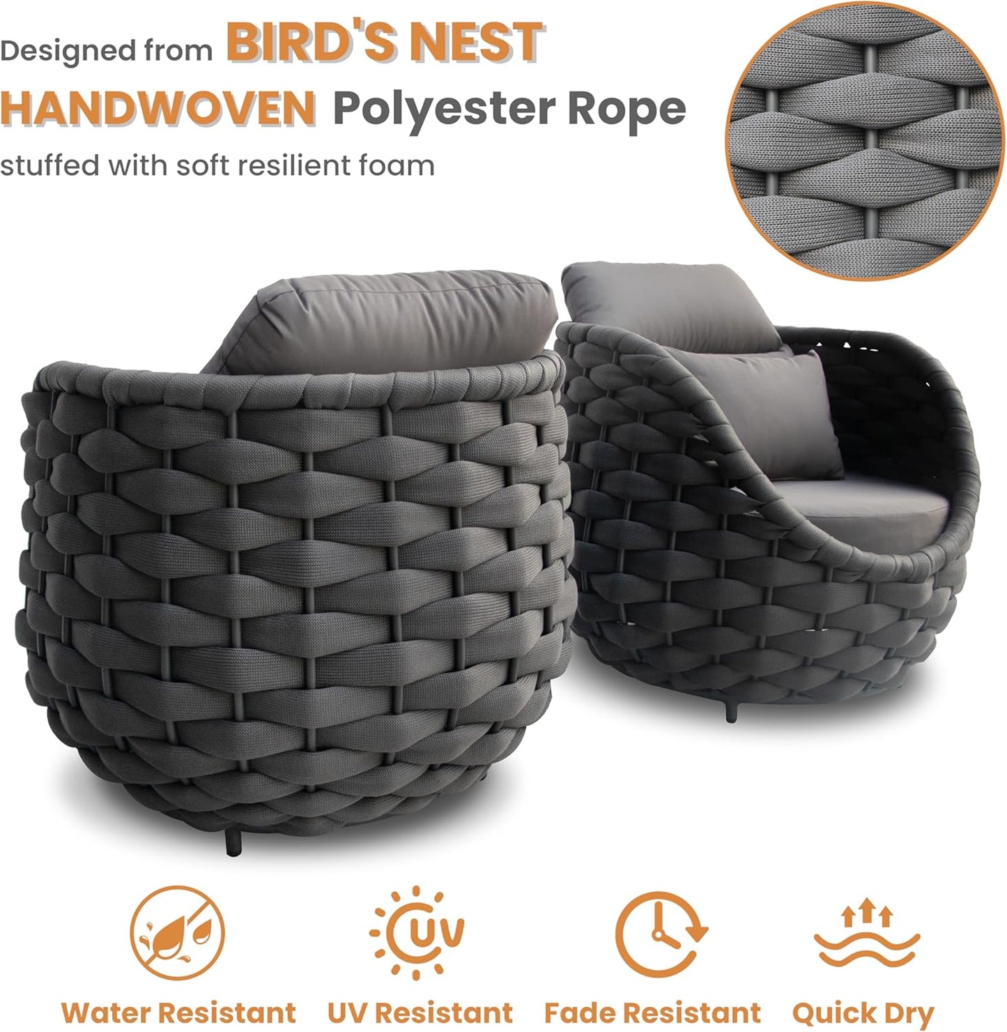 Patio Conversation Deck Furniture Sets: 6-Piece Aluminum Woven Rope Outdoor Sofa Set - Modern Cushions Couch Set - No Assembly Metal Porch Seating for Deck Yard Garden Hotel Resort, Dark Grey