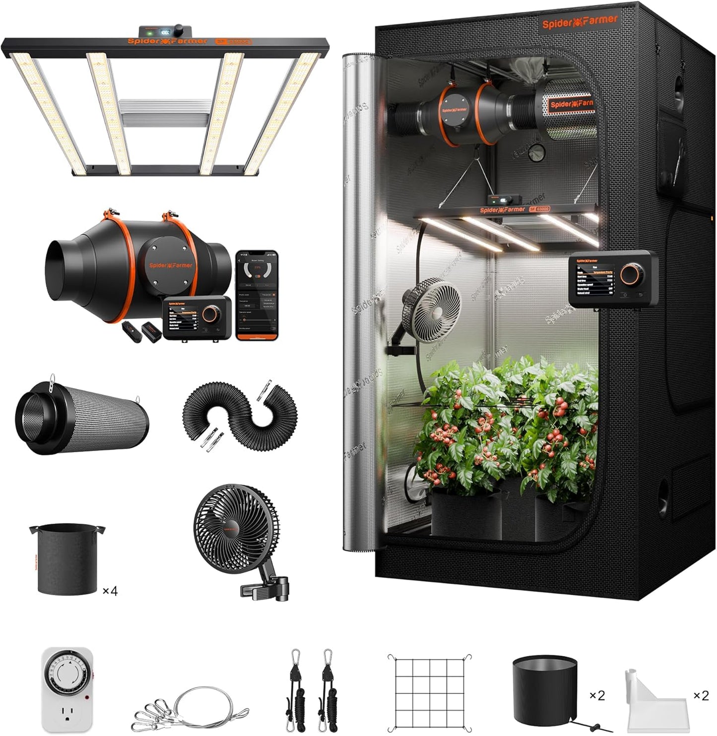 Spider Farmer G3000 Grow Tent Kit Complete 3x3x6ft, 300W Dimmable Bar Style LED Grow Lights 36"x36"x70" Tent Kit 4" Ventilation System with GGS Smart Controller 2025