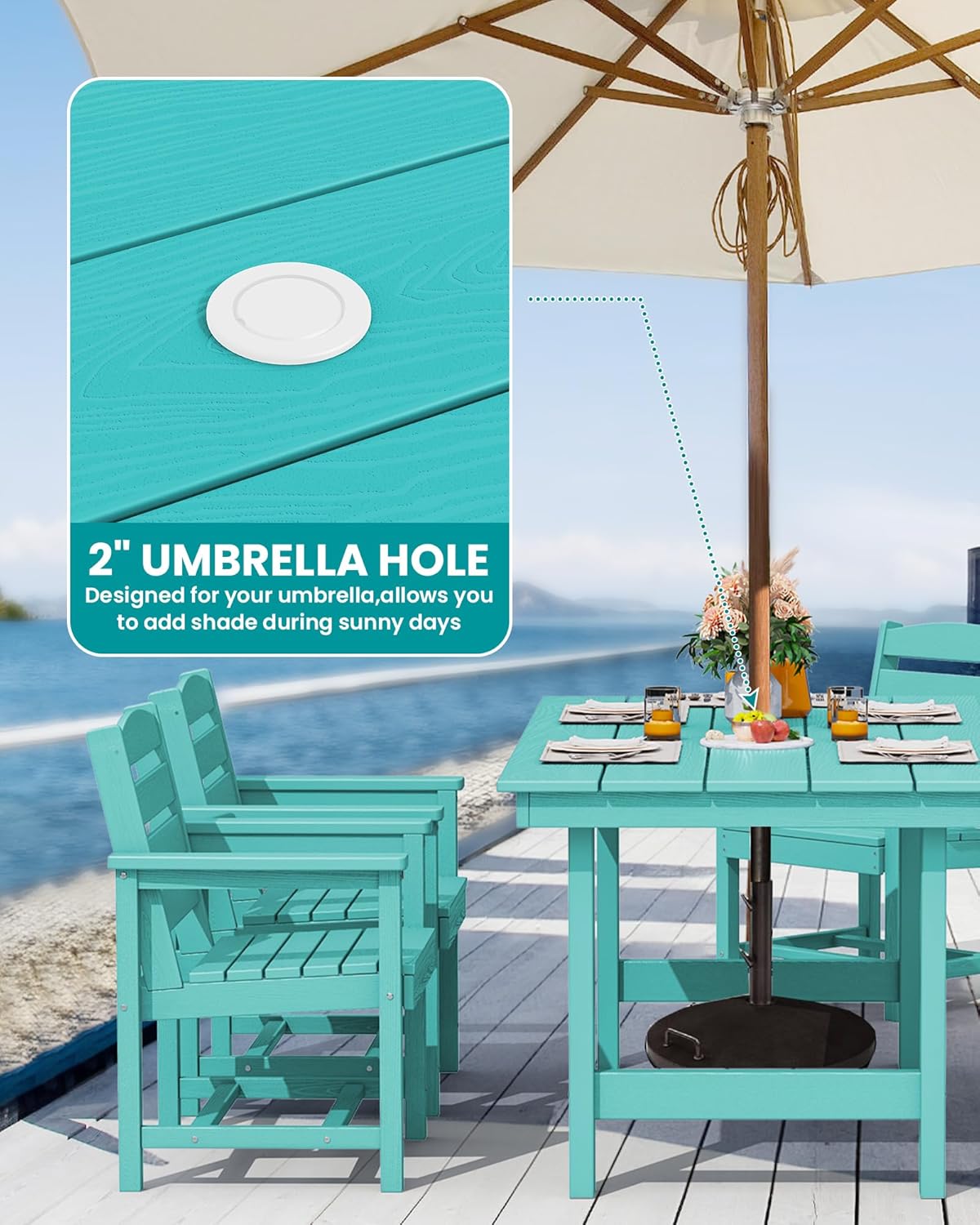 SERWALL Patio Table Set, 5-Piece Outdoor HDPE Furniture with Umbrella Hole, All Weather Dining Table and Chairs for Lawn, Garden, Poolside, Aruba