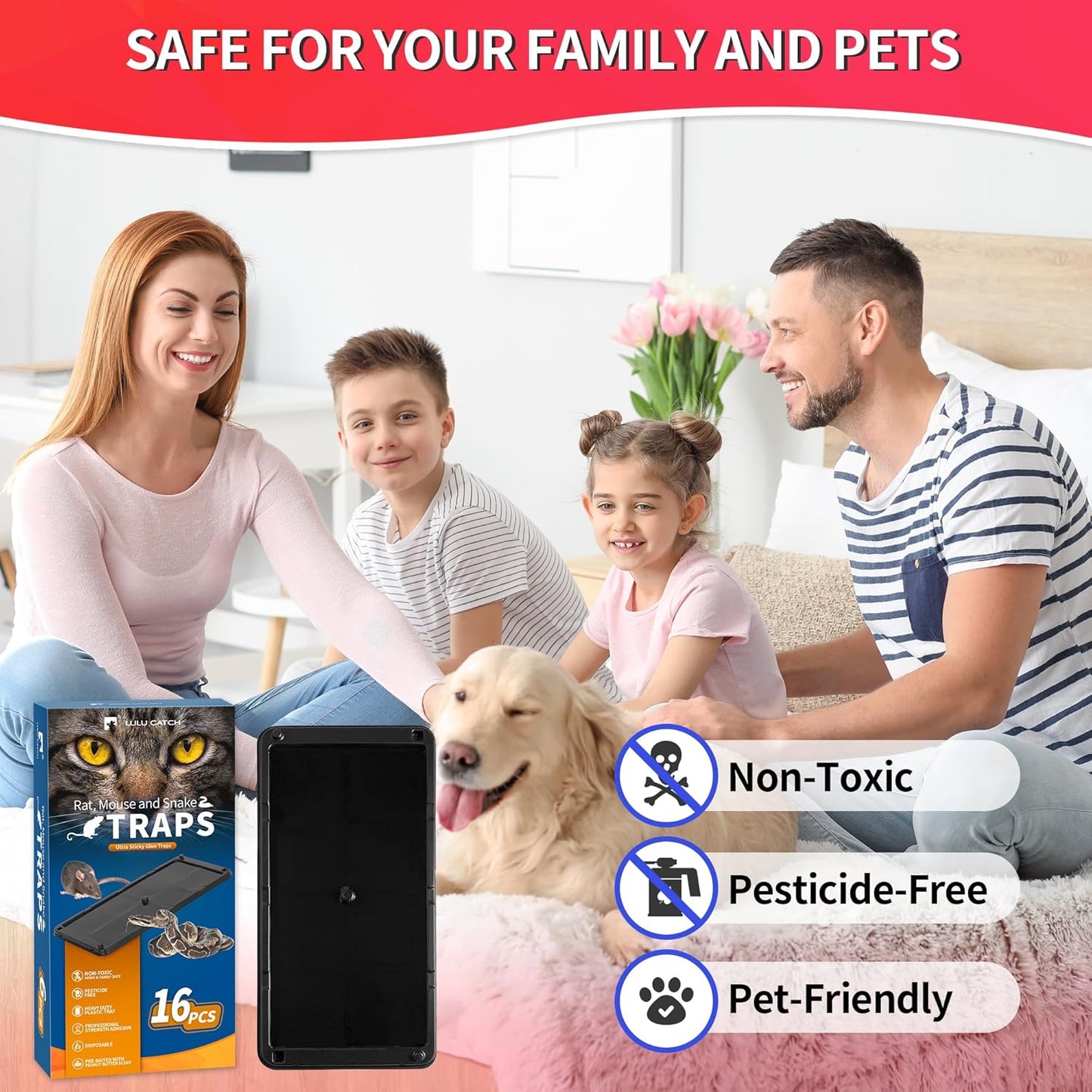 LULUCATCH Sticky Mouse Trap, 16 Pack Large Glue Traps, Pre-Baited Heavy Duty Non-Toxic Bulk Glue Boards Mouse Traps Indoor for Mice, Snakes, Rat, Insects, Cockroaches & Spiders, Pet Safe Easy to Use