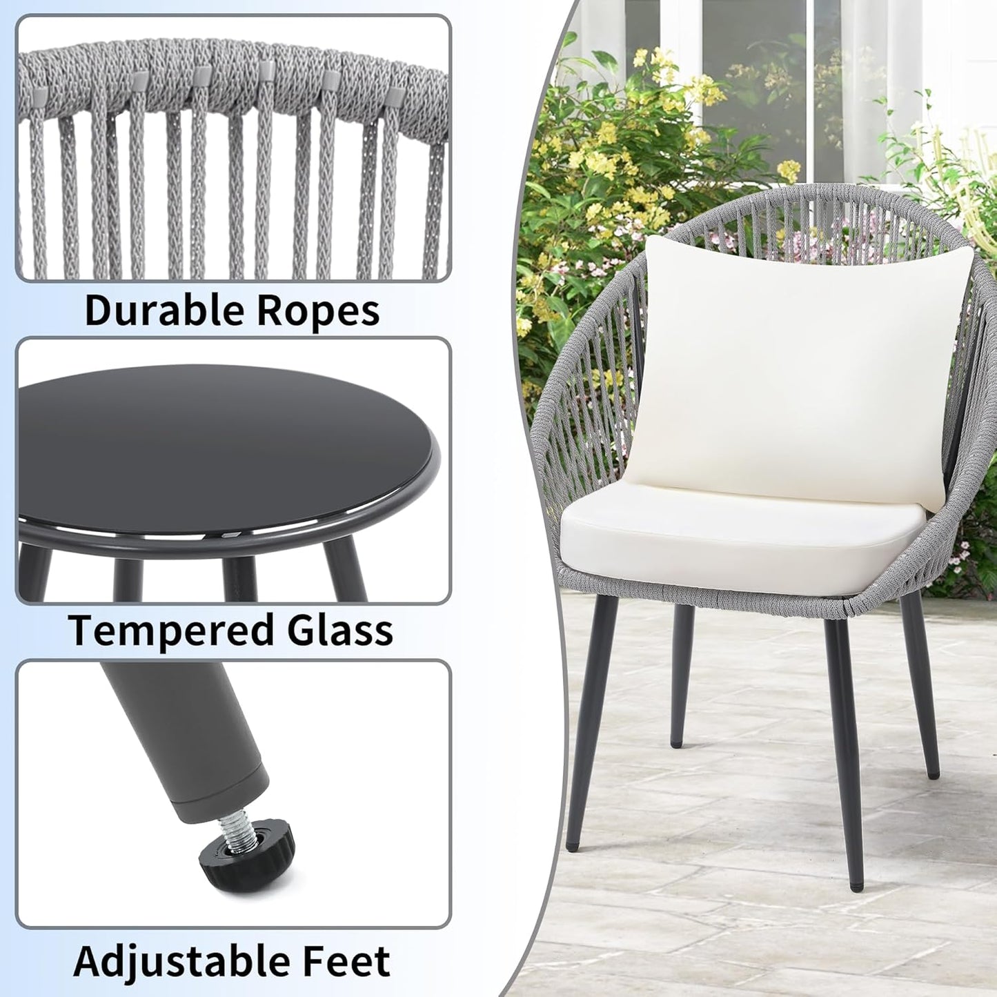 3 Pieces Bistro Set, Woven Rope Chair with Cushions, All Weather Patio Conversation Set and Side Table, Ideal for Deck, Balcony, Poolside, Grey