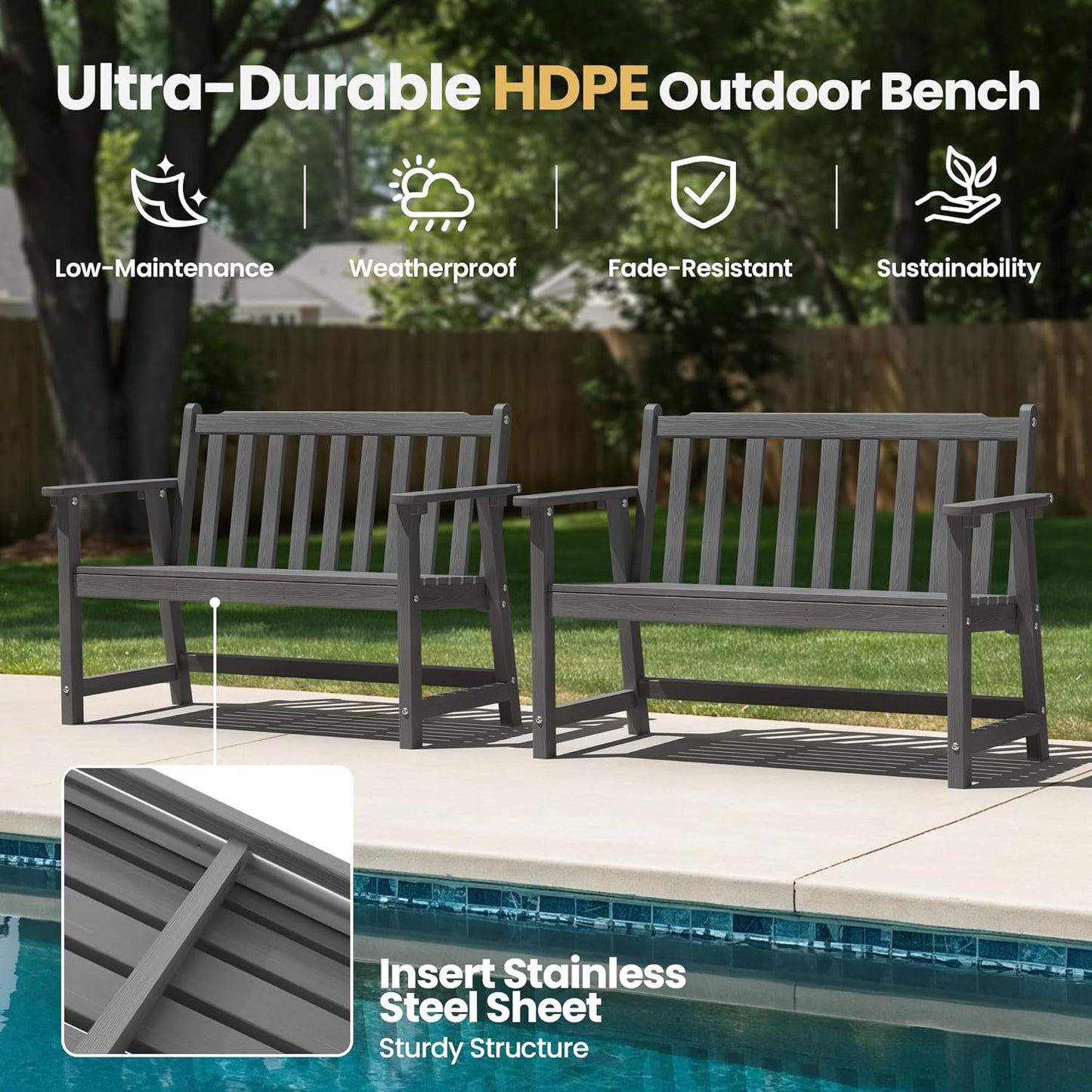 Ciokea 44" Outdoor Bench Set of 2, HDPE Weatherproof Garden Bench, 2-Person Memorial Benches with 550 Lbs, Waterproof Patio Porch Benches for Outside Balcony Deck Backyard, Dark Grey