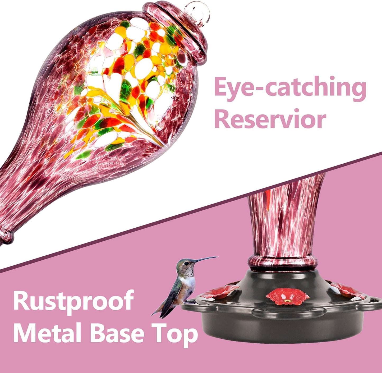 LUJII Hand Blown Glass Hummingbird Feeder for Outdoors Hanging with Ant Guard, 36 fl.oz, Leak Proof & Rustproof, Metal Base with 5 Feeding Ports & 5 Perches, Unique Garden & Backyard Decor (Purple)