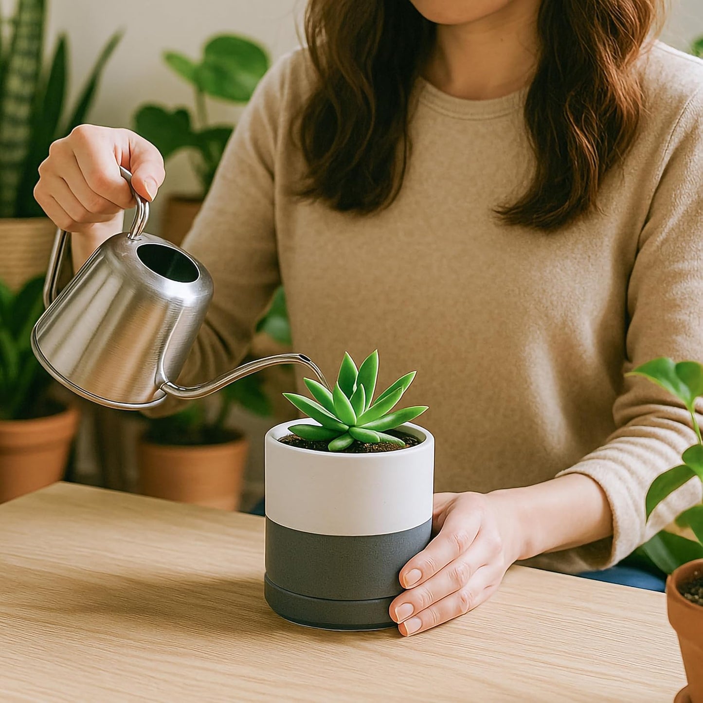 D'vine Dev Set of 2 Plants Pots, 3.5 Inch Ceramic Planter Pot for Plants with Drainage Hole and Saucer, White/Speckled Grey, 94-V-A-6