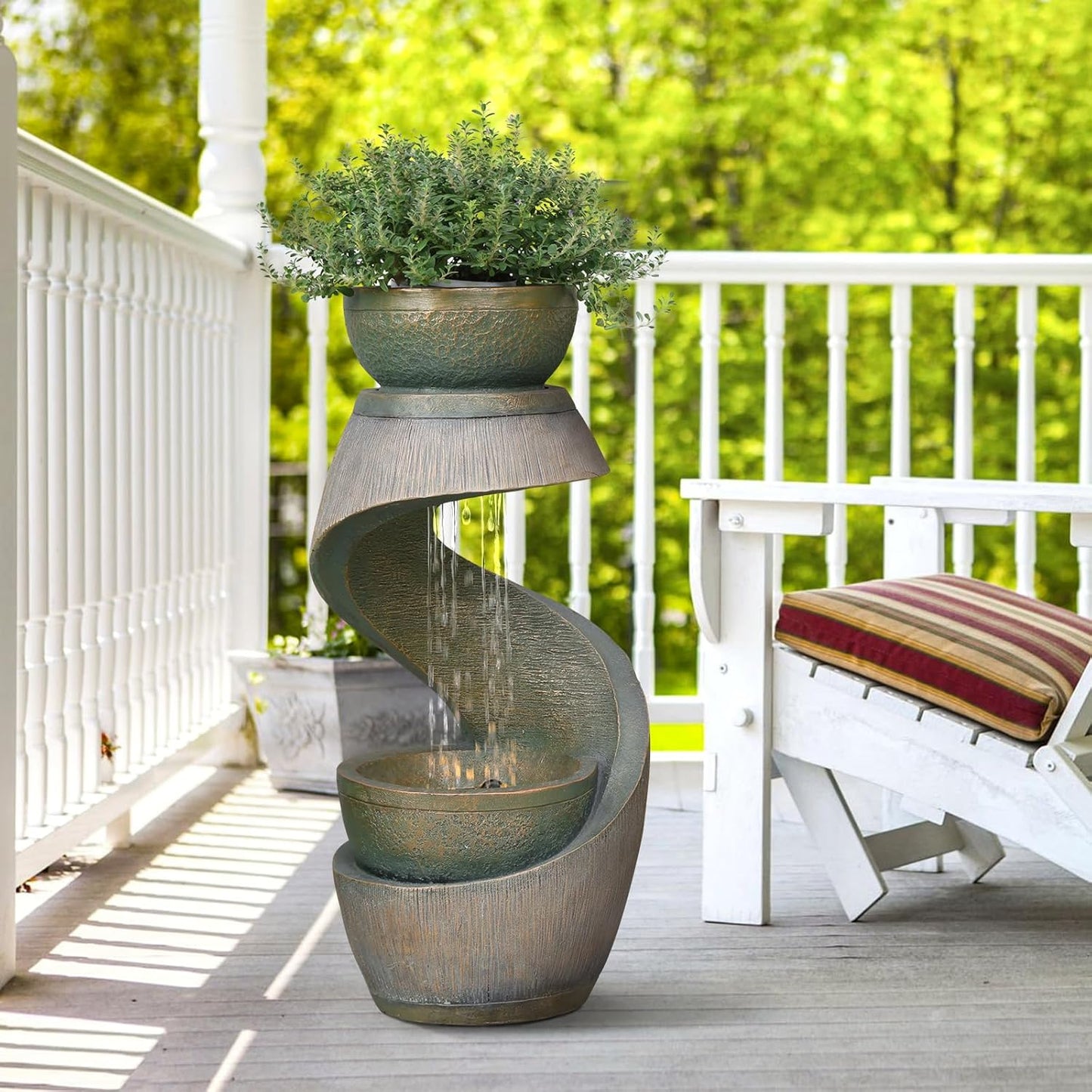 31.9" S-Shaped Water Outdoor Fountain–Modern Cascading Waterfall Feature with LED Lights & Planter Bowl, Garden Fountains Outdoor for Patio, Balcony, Yard or Home Decor, Resin Waterfall, Gold