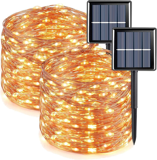 QITONG Warm White Solar Fairy Lights Outside Waterproof, 2 Pack 66ft 200 LED String Lights Outdoor, 8 Modes Silver Wire Twinkle Lights
