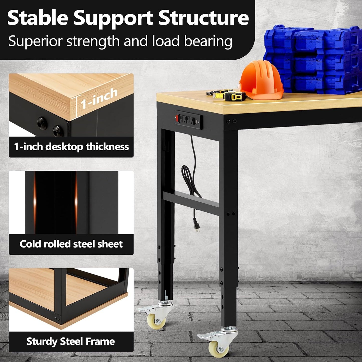 48” Adjustable Workbench，Heavy Duty Wood Work Bench 2000 Lbs Load Capacity,Work Table with Power Outlet and Wheels for Garage, Workshop, Office, Home