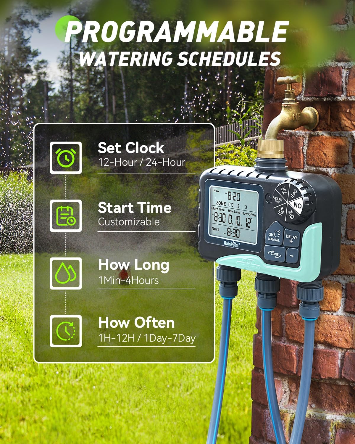 RAINPOINT 3 Zone Sprinkler Timer with Brass Inlet, Water Timer for Garden Hose,Rain Delay/Manual/Automatic Watering System, Hose,Hose Timers for Watering with IP65 Waterproof, Large LCD for Yard