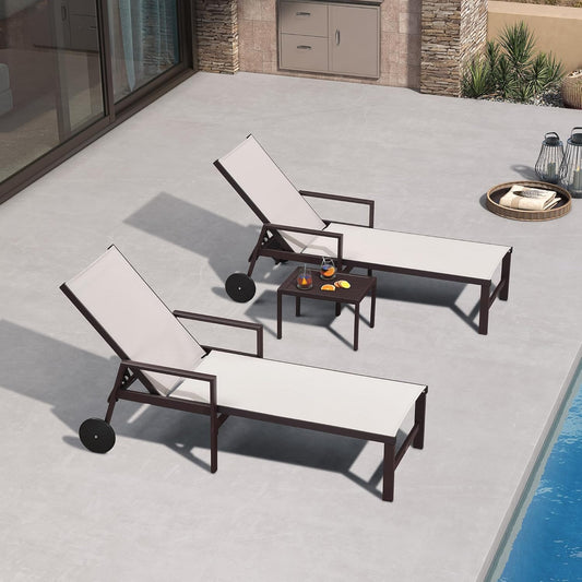 PURPLE LEAF Pool Lounge Chairs Set of 3 Aluminum Outdoor Lounge Chairs with Wheels and Armrests Adjustable Patio for Deck Outside Lawn Garden, Linen