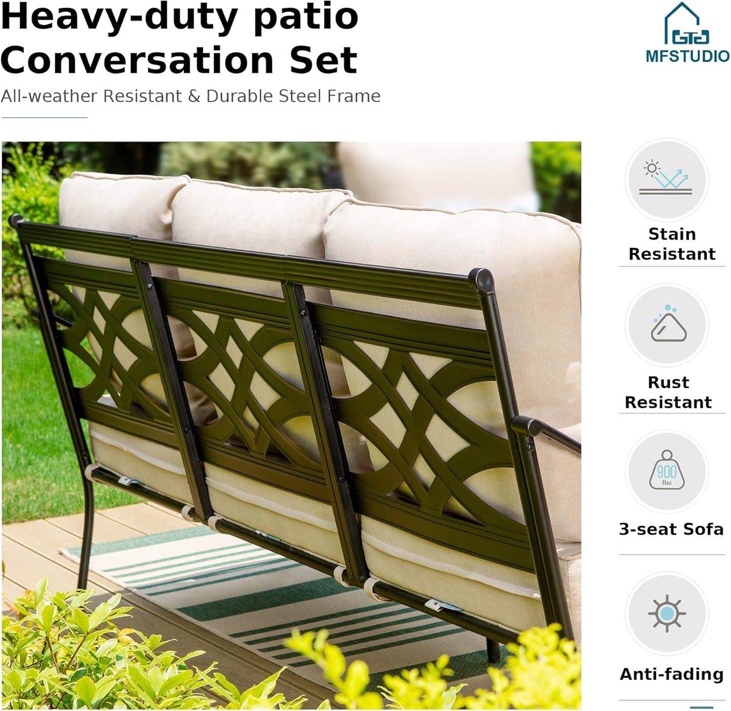 MFSTUDIO 7 Seats Large Metal Patio Conversation Sets, 5 Pieces Outdoor Furniture Sofa with 2 Fixed Chairs, 1 Sofa(3-seat), 1 Loveseat and Table for Outside Balcony Backyard Poolside