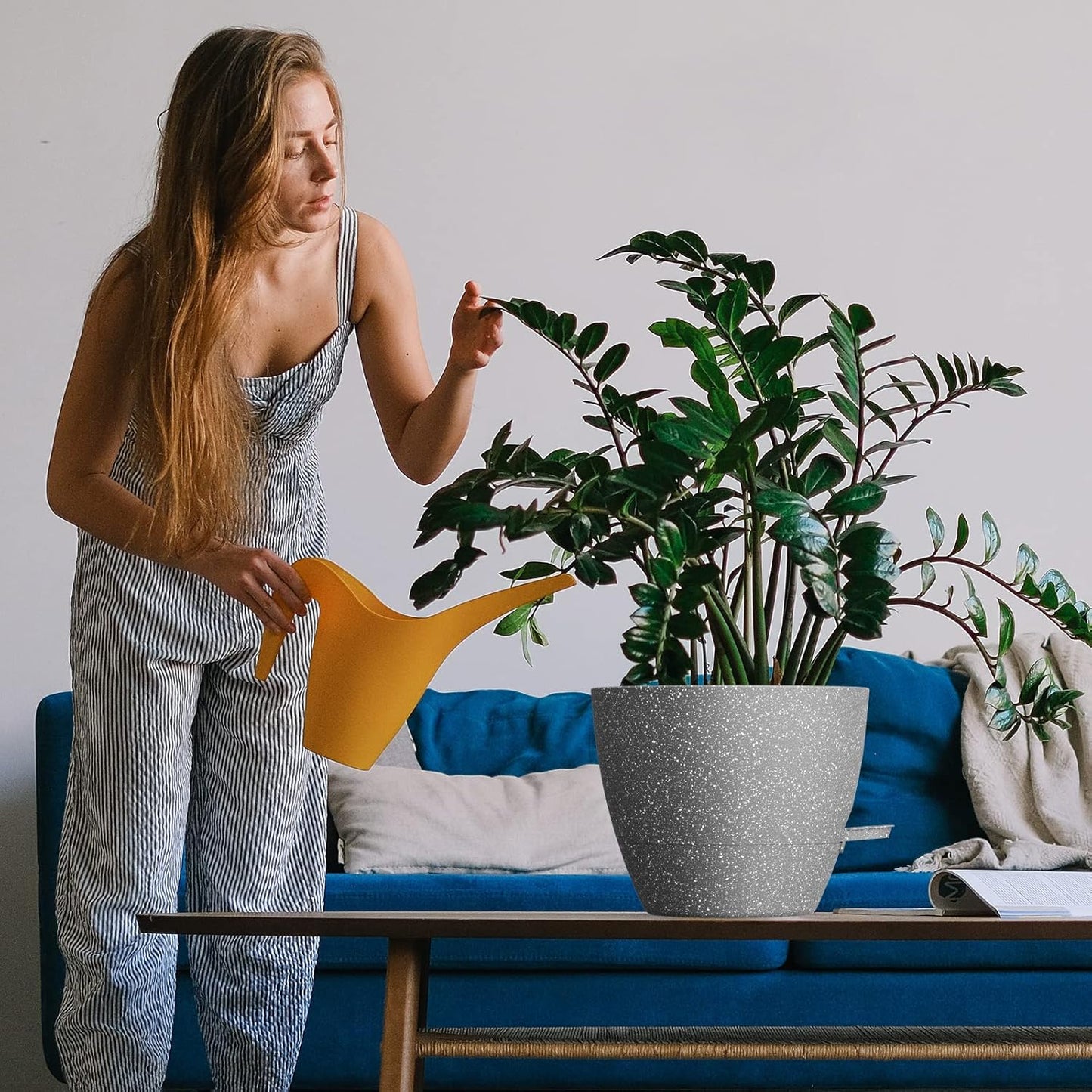 WOUSIWER 10 inch Self Watering Planters, 2 Pack Large Plastic Plant Pots with Deep Reservior and High Drainage Holes for Indoor Outdoor Plants and Flowers, Speckled Grey
