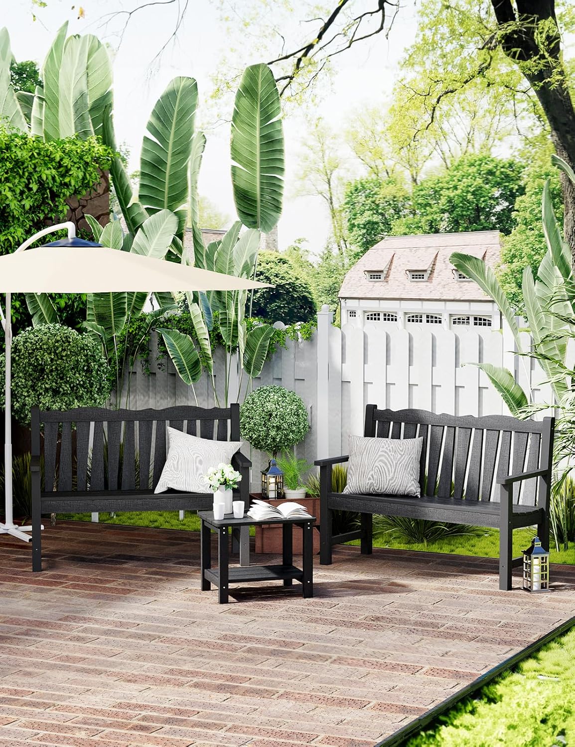 Outdoor Bench Set of 2, Weatherproof Garden Benches for Outdoors, All Weather HIPS Patio Bench Holds up to 800lbs, Never Rot or Fade, Comfort Bench for Porch Garden Patio Yard and Park(Black)