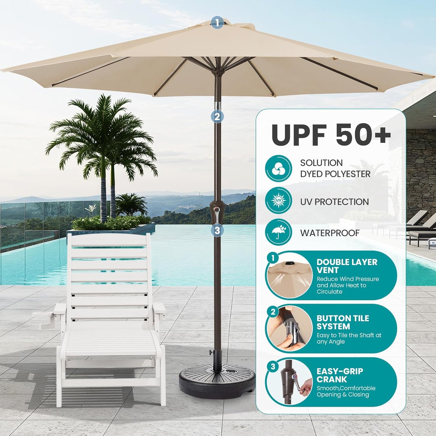 SERWALL Patio Chaise Lounge Chair Set of 2 with 9FT Patio Umbrella, 78'' HDPE Outdoor Lounger, Poly Lounge Chair with Rolling Wheels & Cup Holder for Pool,Light White (Umbreall Base not Included)
