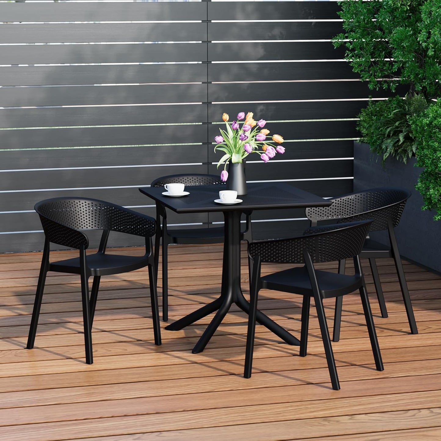 Table Chairs Set of 4, HDPE Patio Square Dining Table and Stackable Chairs, Outdoor Small Patio Furniture Set All Weather for Backyard Porch Poolside, Black